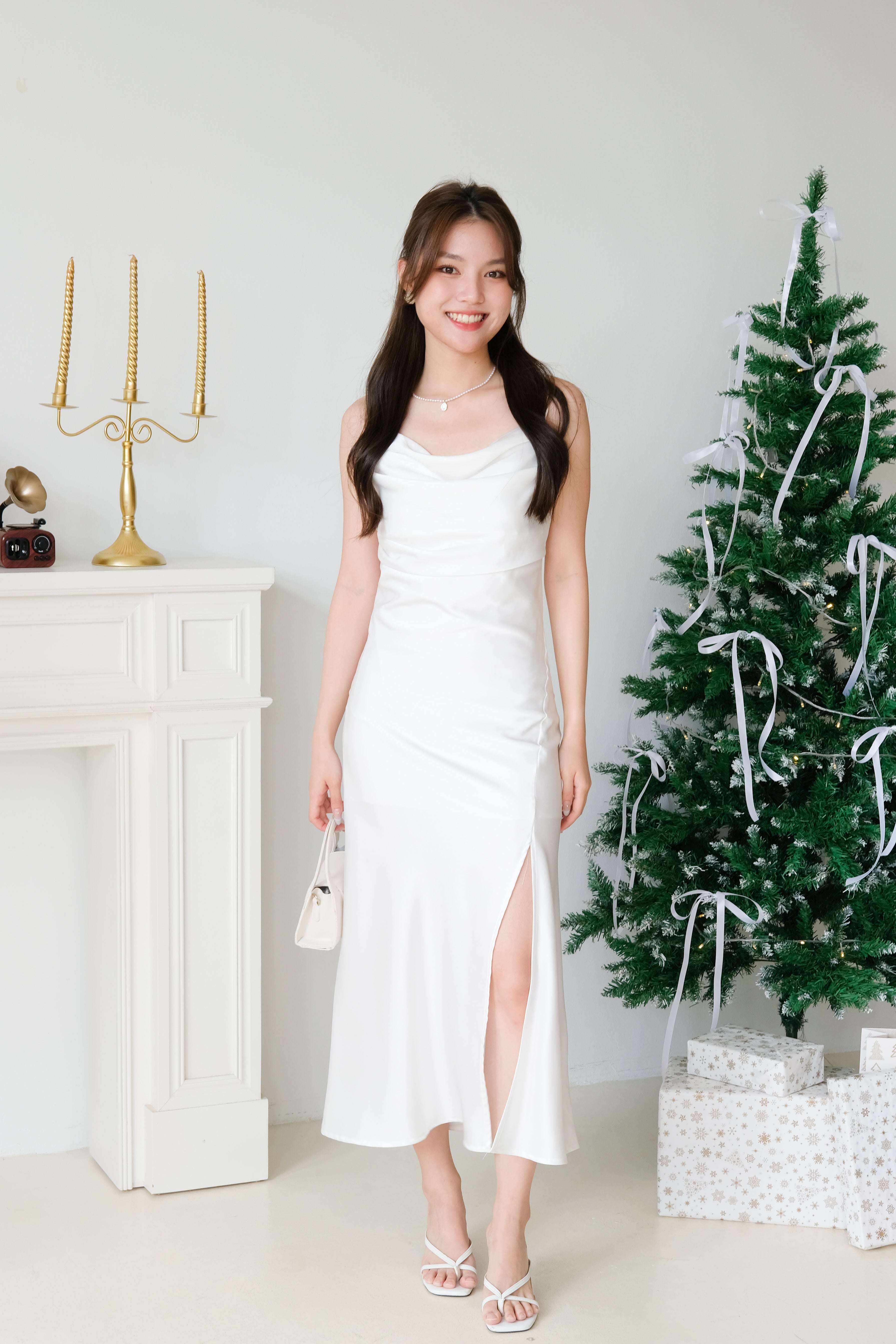 Angel Draped Mermaid Satin Midi Dress (White)