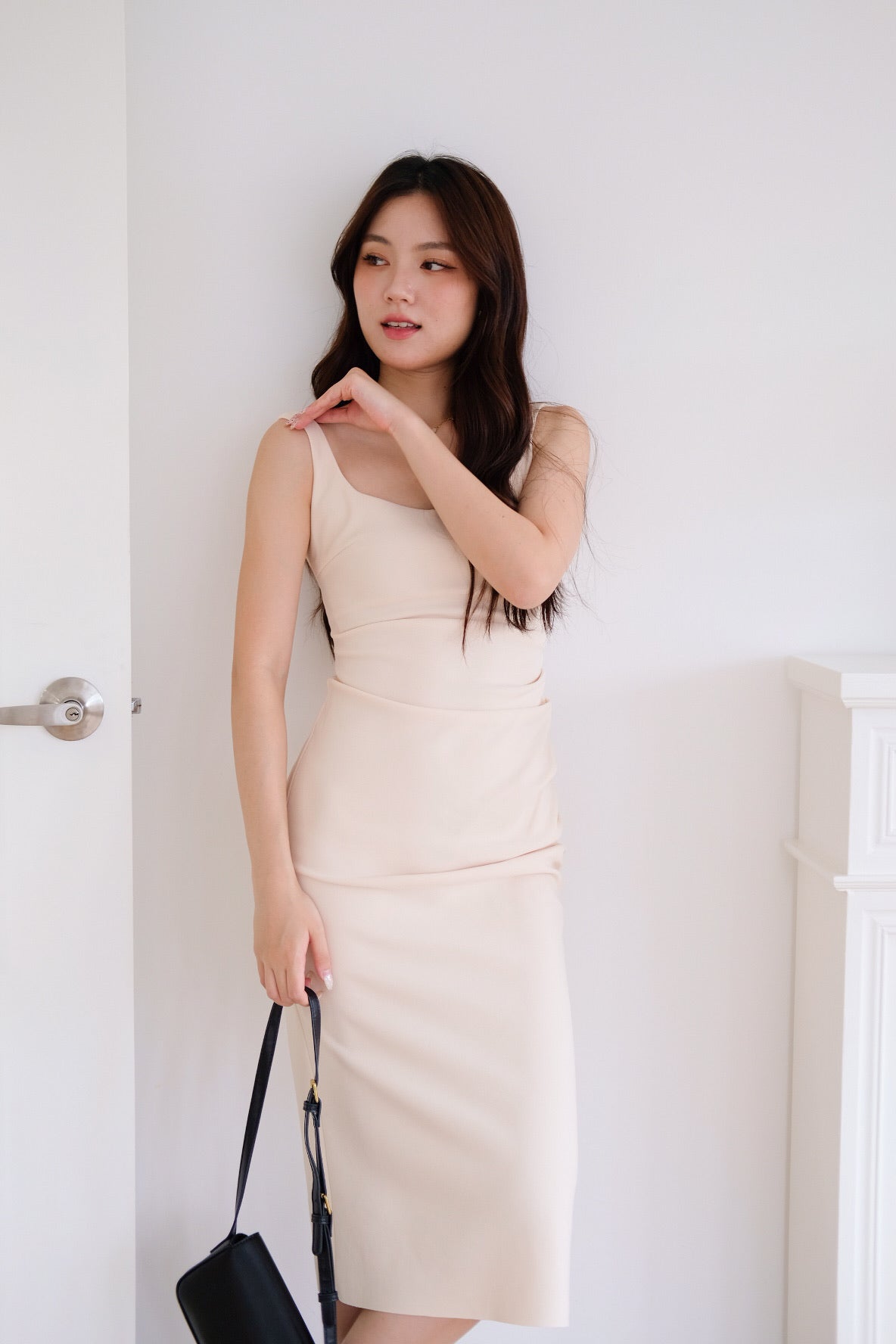 Claude Ruched Slim Fit Midi Dress (Warm Beige)