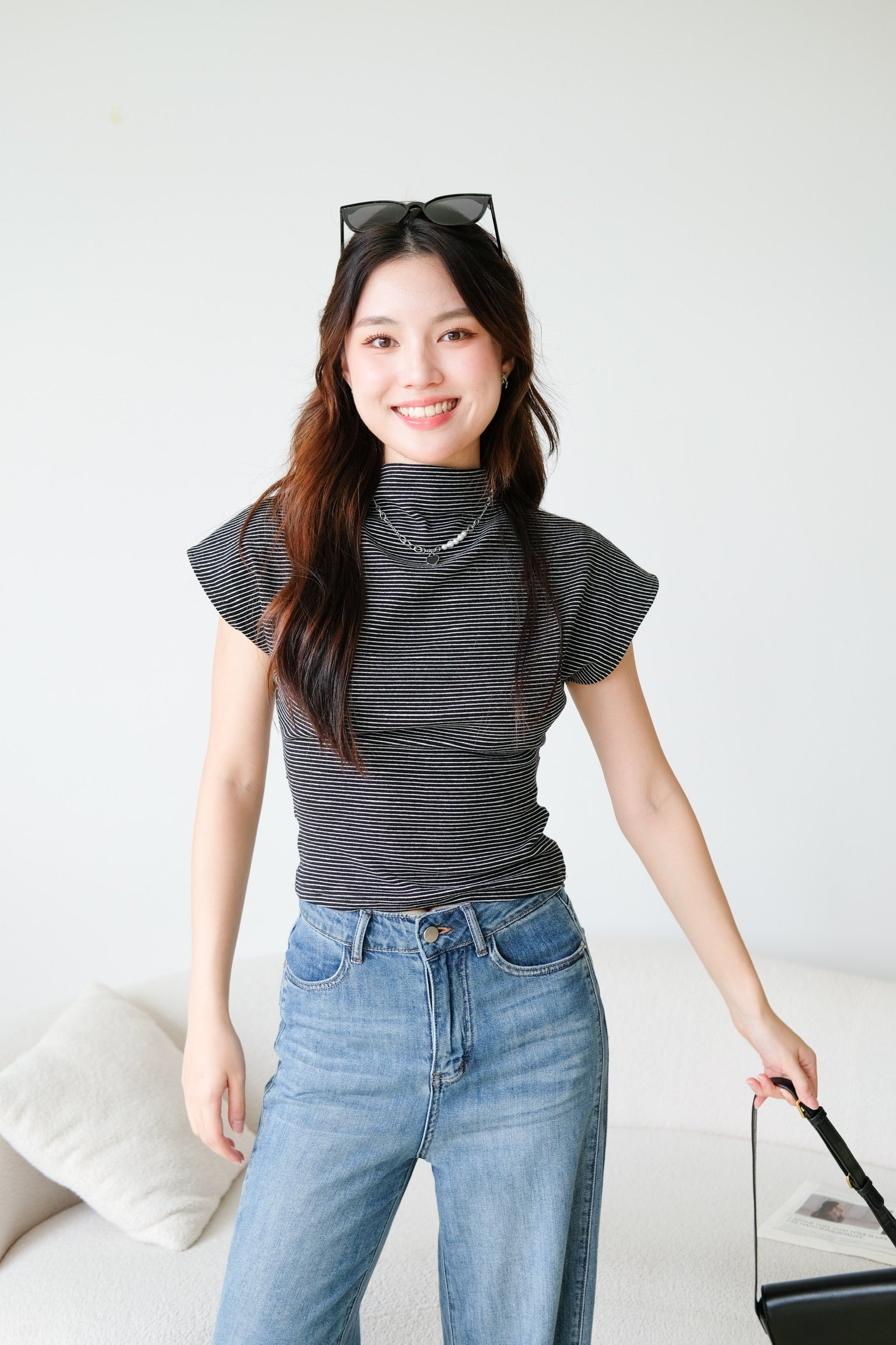 Lucca Batwing High Neck Shirt (Black Stripes)