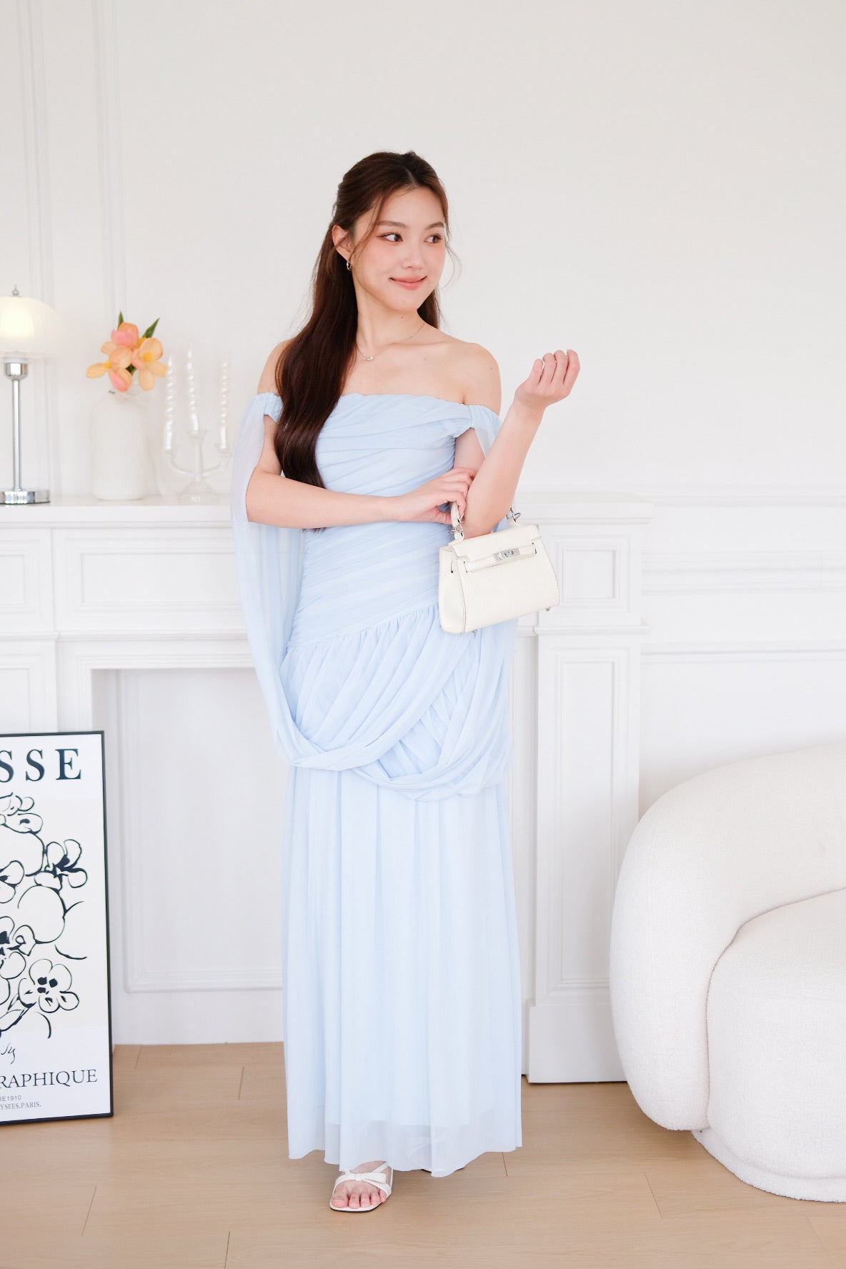 Jasmine Ruched Mesh Off Shoulder Maxi Dress (Sky Blue)