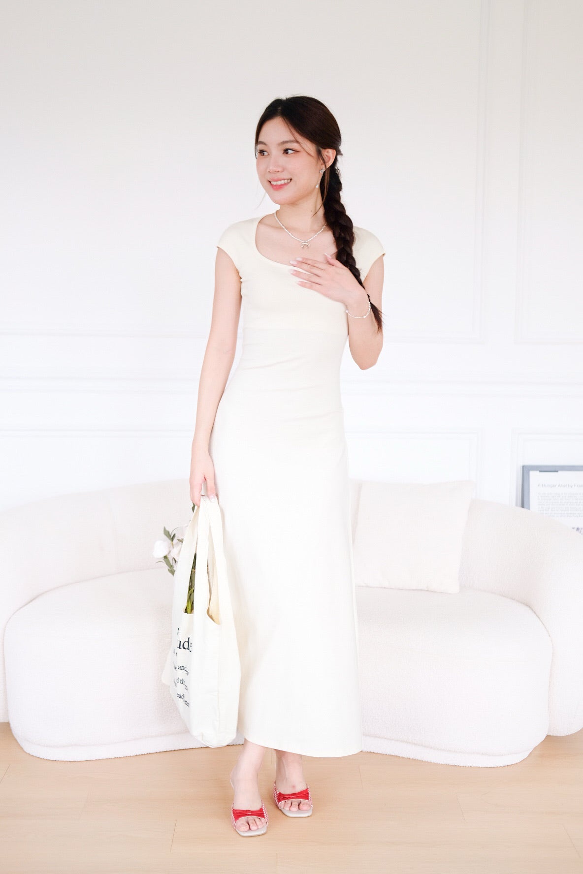 Jillian Padded Skater Maxi Dress (Beige)
