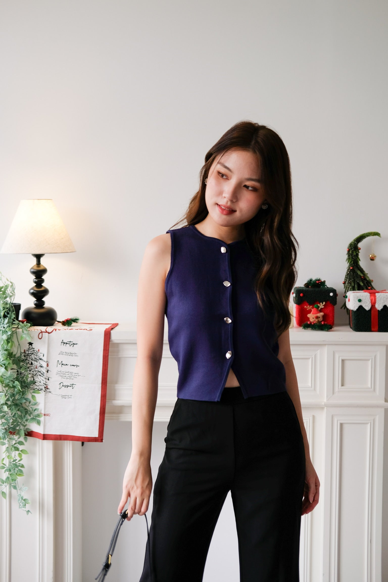 Zola Button Vest Top (Navy Blue)