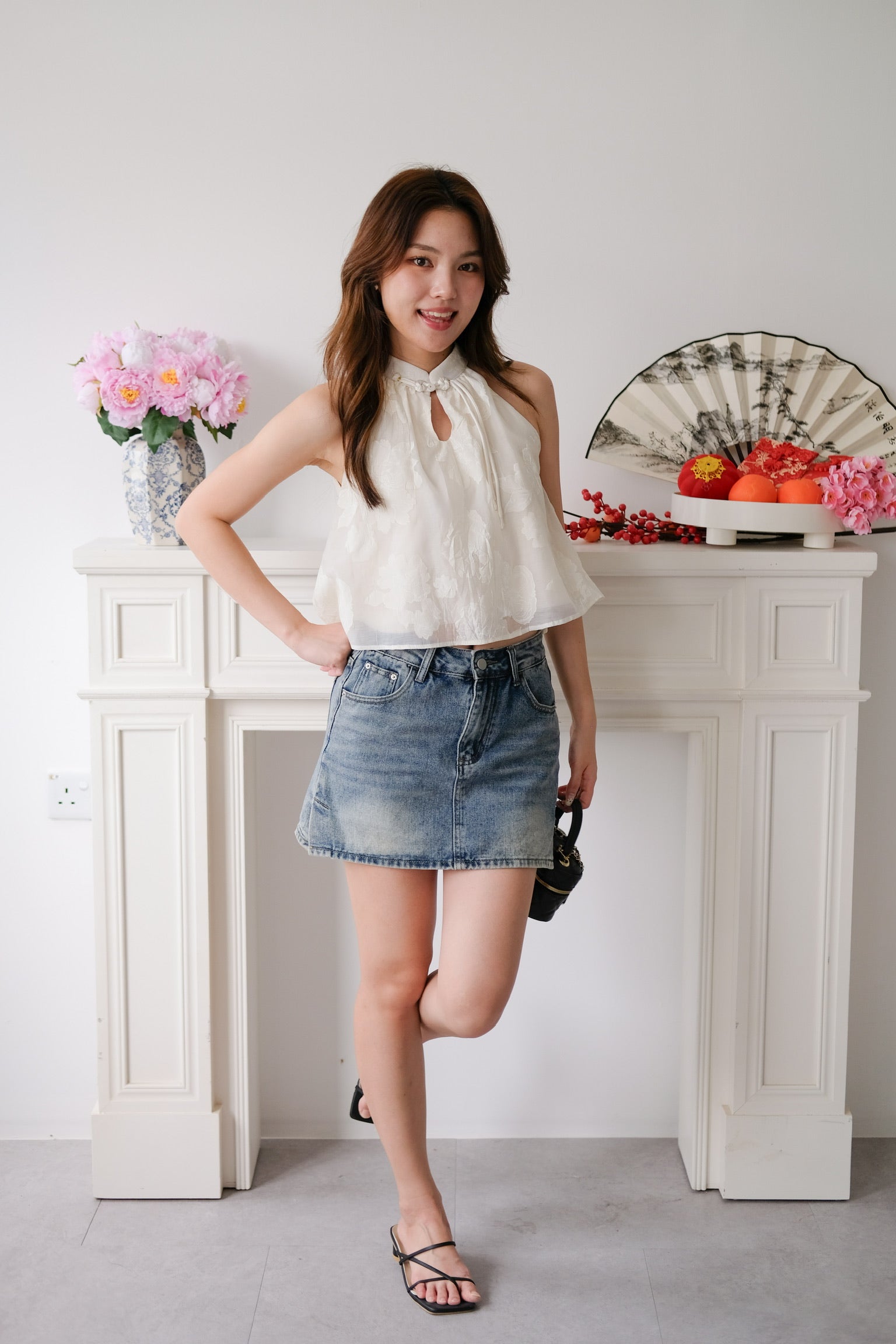 Chu Ran Floral Organza Cheongsam Top (Cream)