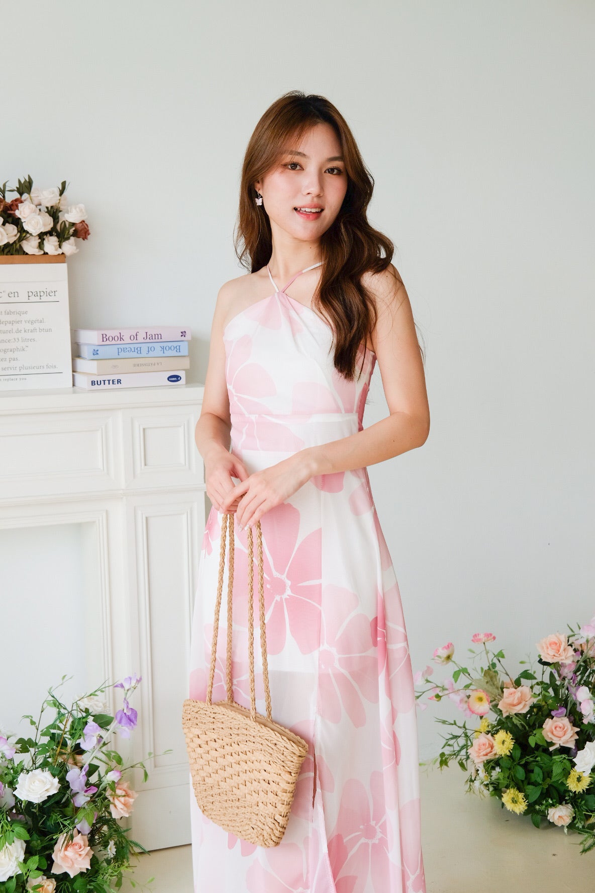 Reyna Floral Halter Slit Maxi Dress (Rouge Pink)