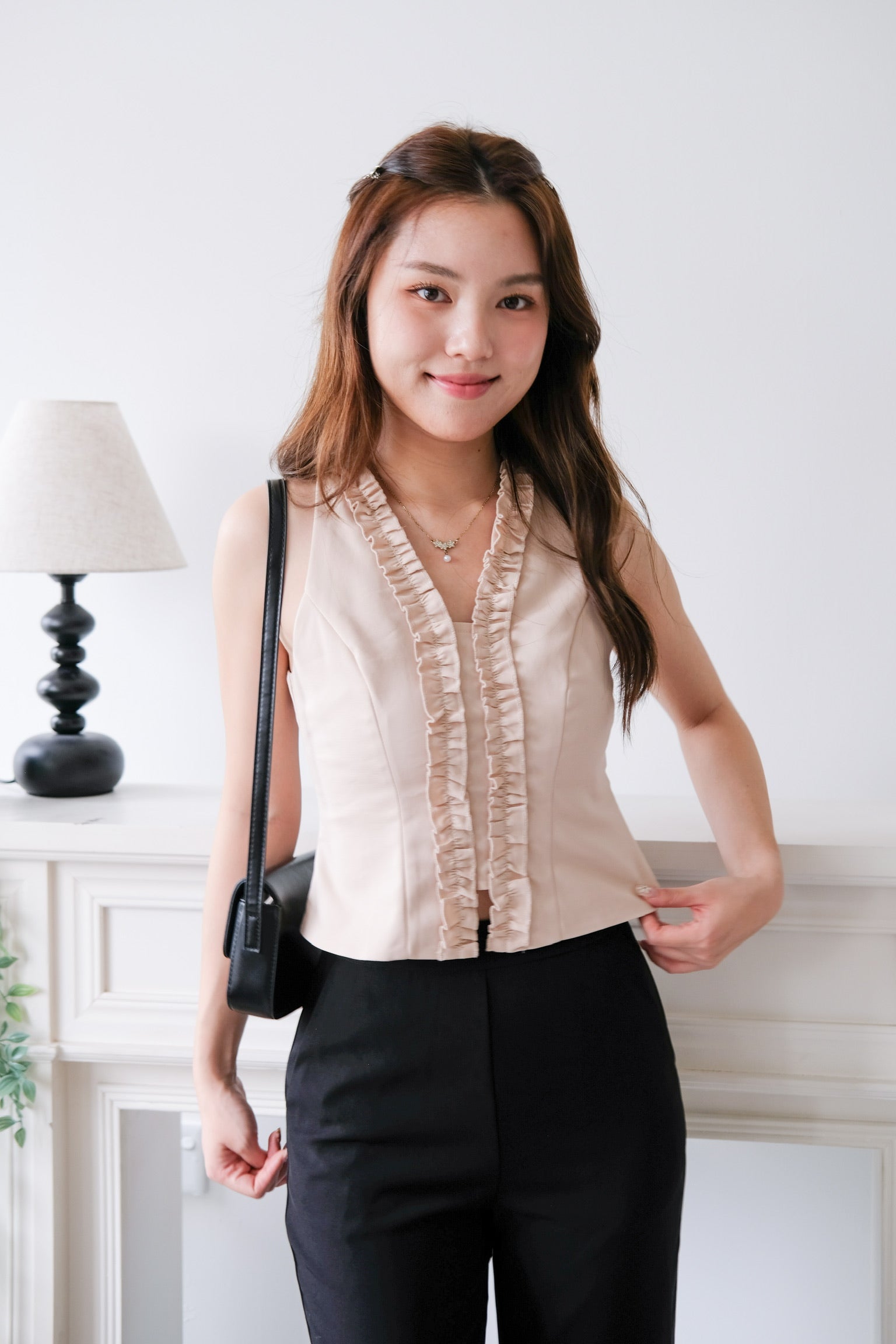 Evangeline Frills V Neck Top (Beige)