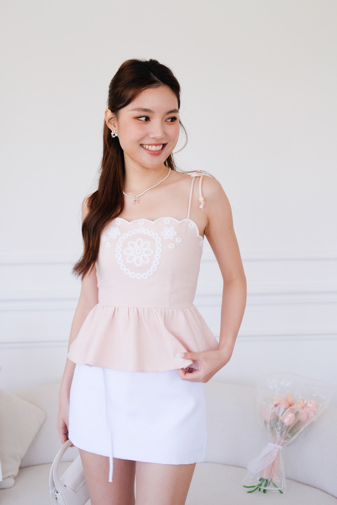 Lyanne Eyelet Linen Peplum Top (Light Pink)