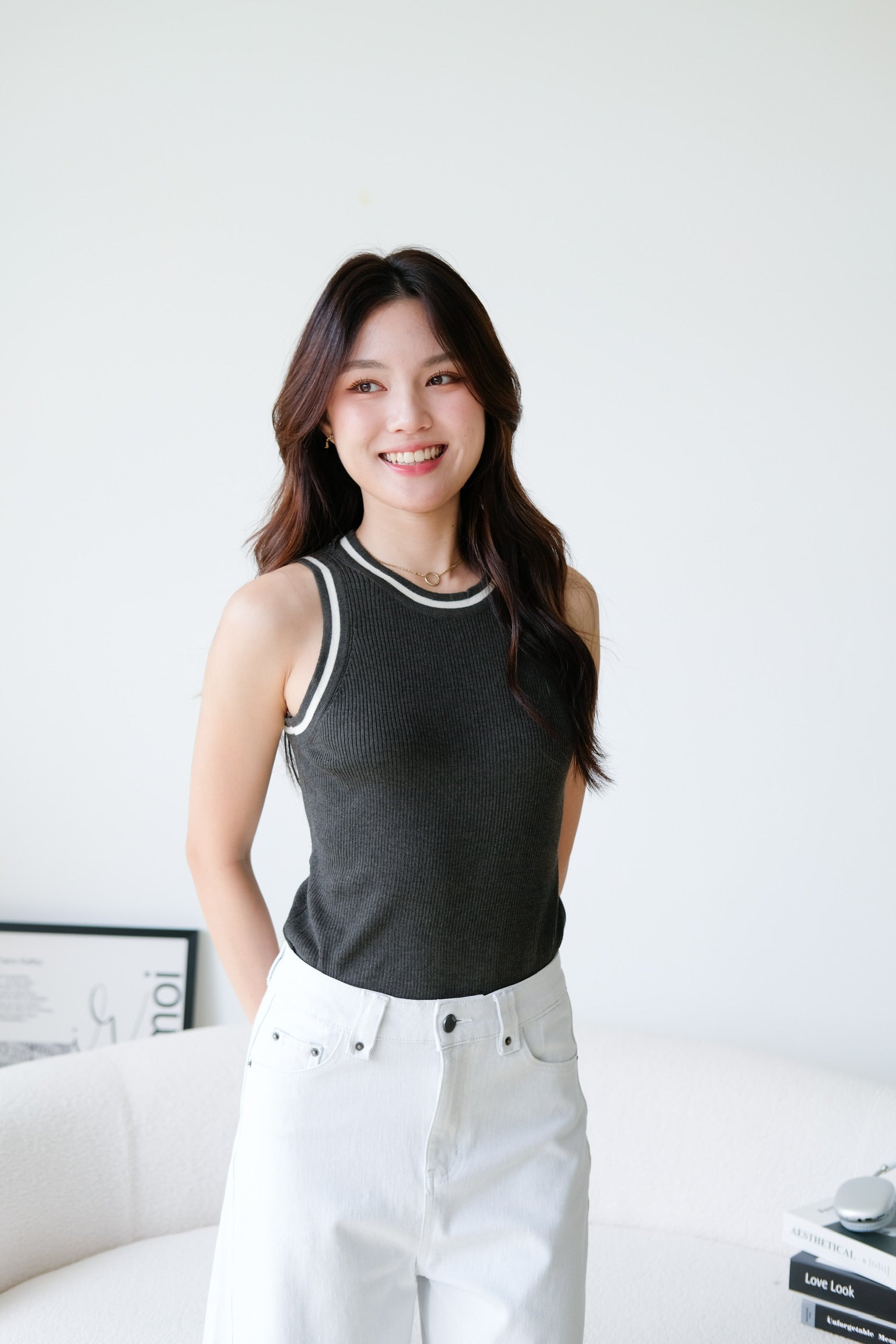 Kyara Contrast Knit Tank Top (Charcoal)
