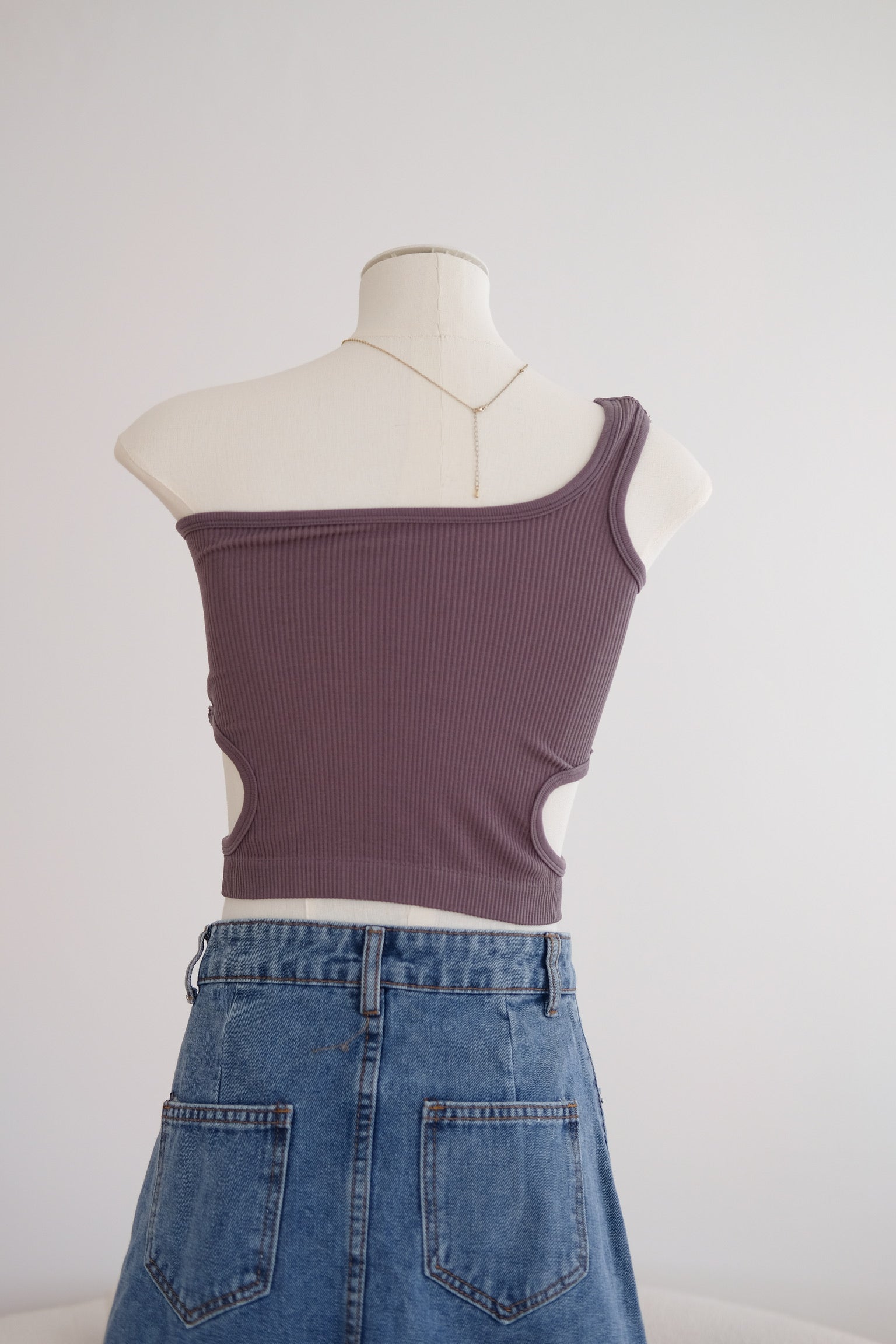 One-Shoulder Padded Cutout Knit Top (Grey)