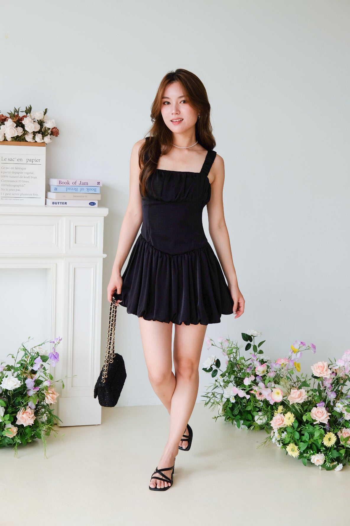 Alesha Ruched Bubble Skater Dress (Black)