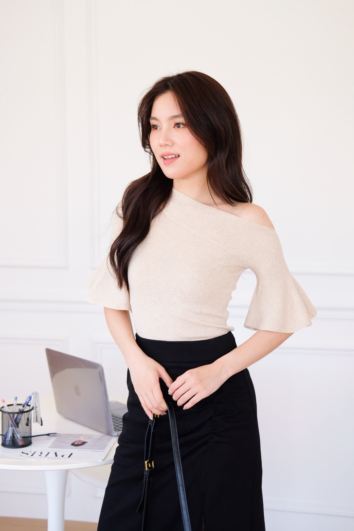 Elva Bell Sleeves Knit Top (Khaki)