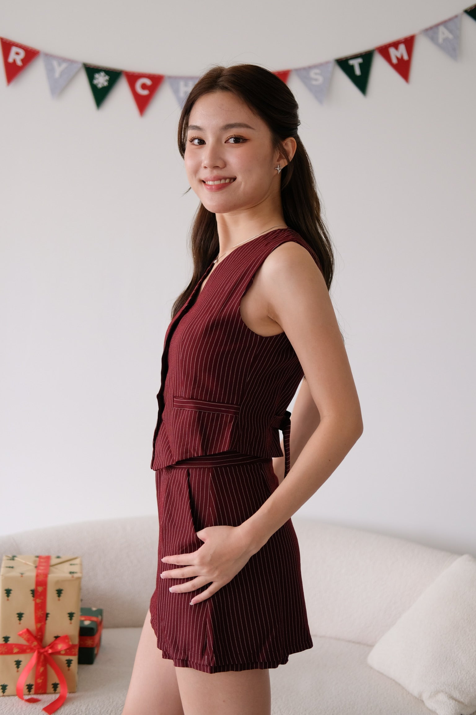 Monroe Pinstripe Vest Set (Maroon)