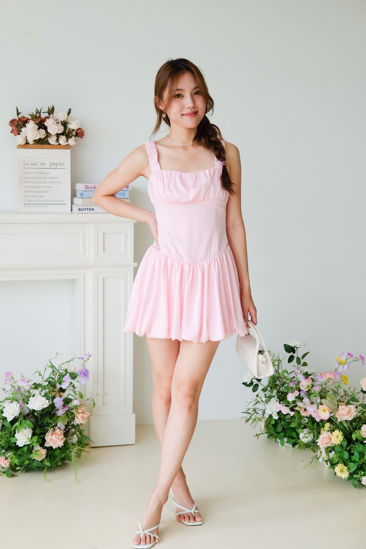 Alesha Ruched Bubble Skater Dress (Flamingo Pink)