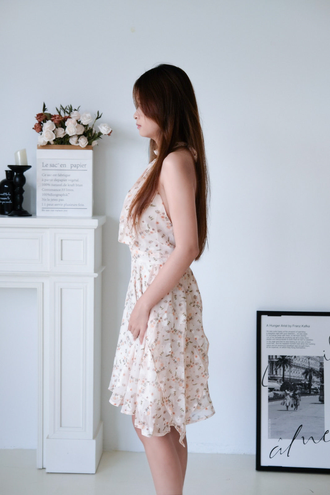 Peach Blossom Floral Halter Bareback Dress