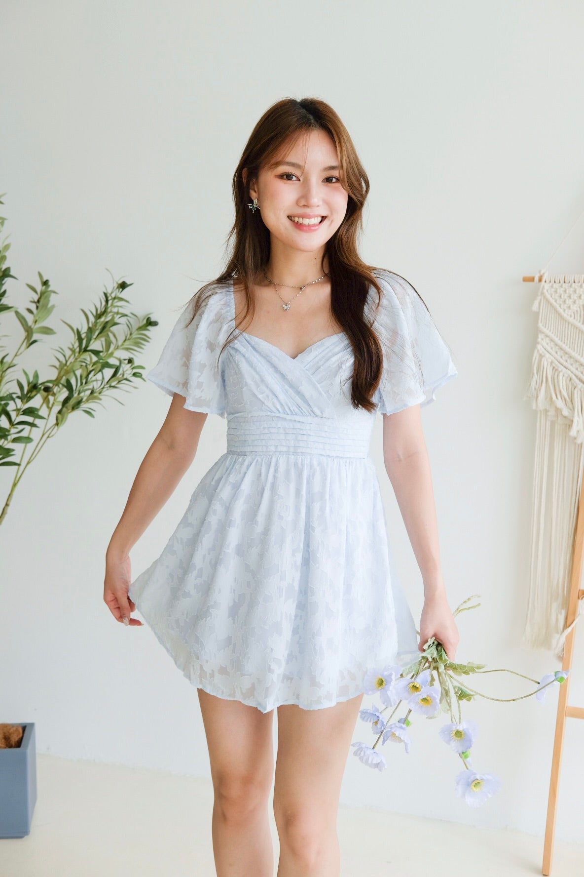 Eloise Flutter Sleeve Dress (Baby Blue)