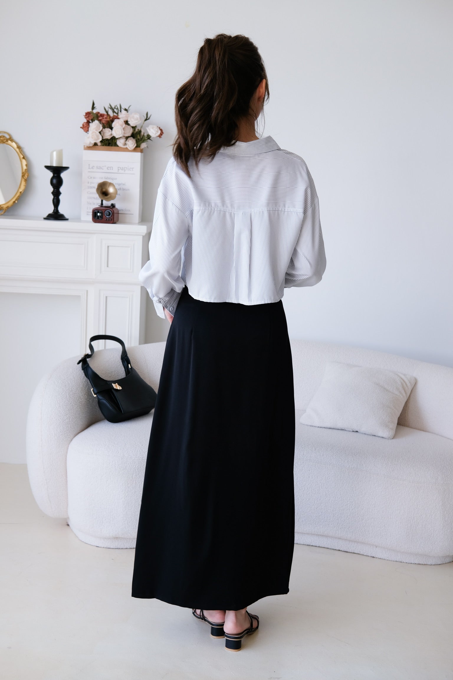 Rora Oversized Stripes Cropped Blouse (White)