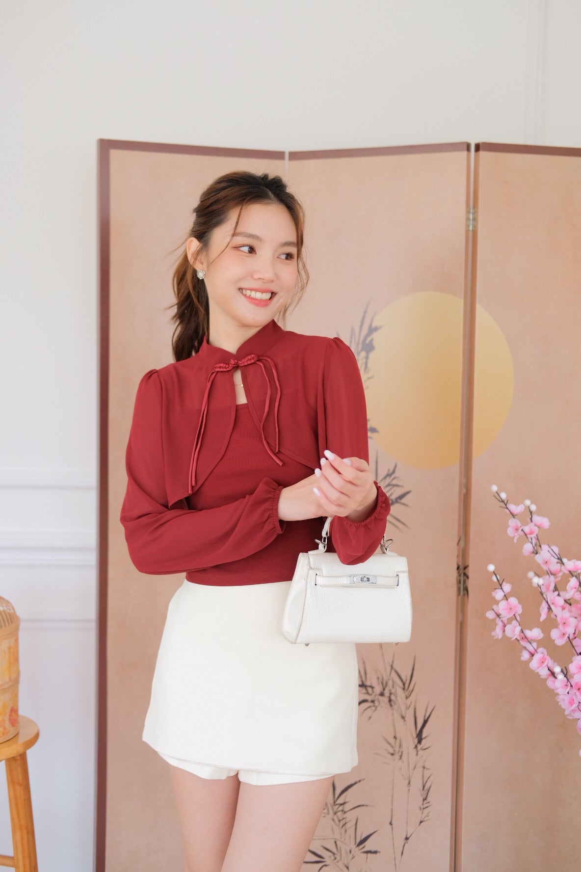 清 Qing 2 in 1 Long Sleeves Cheongsam Top (Wine)