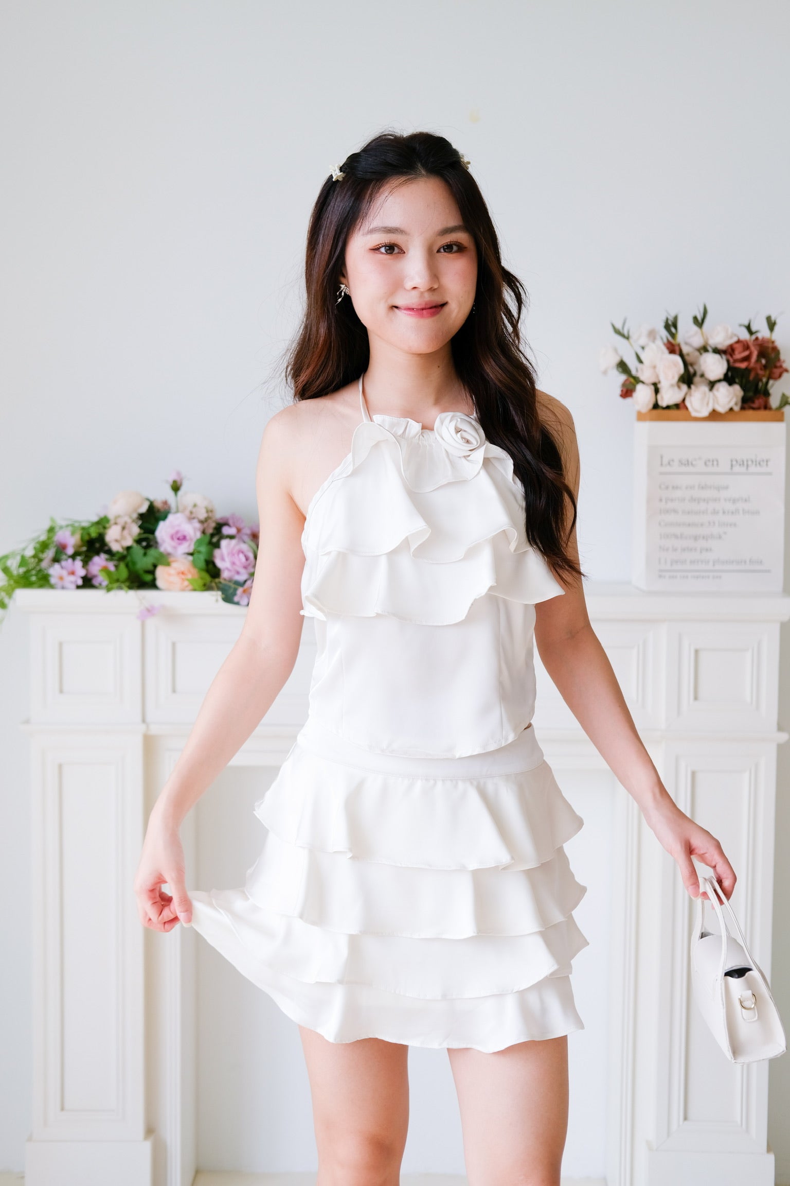 Rosalie Ruffle Tiered Halter Set (Cream)