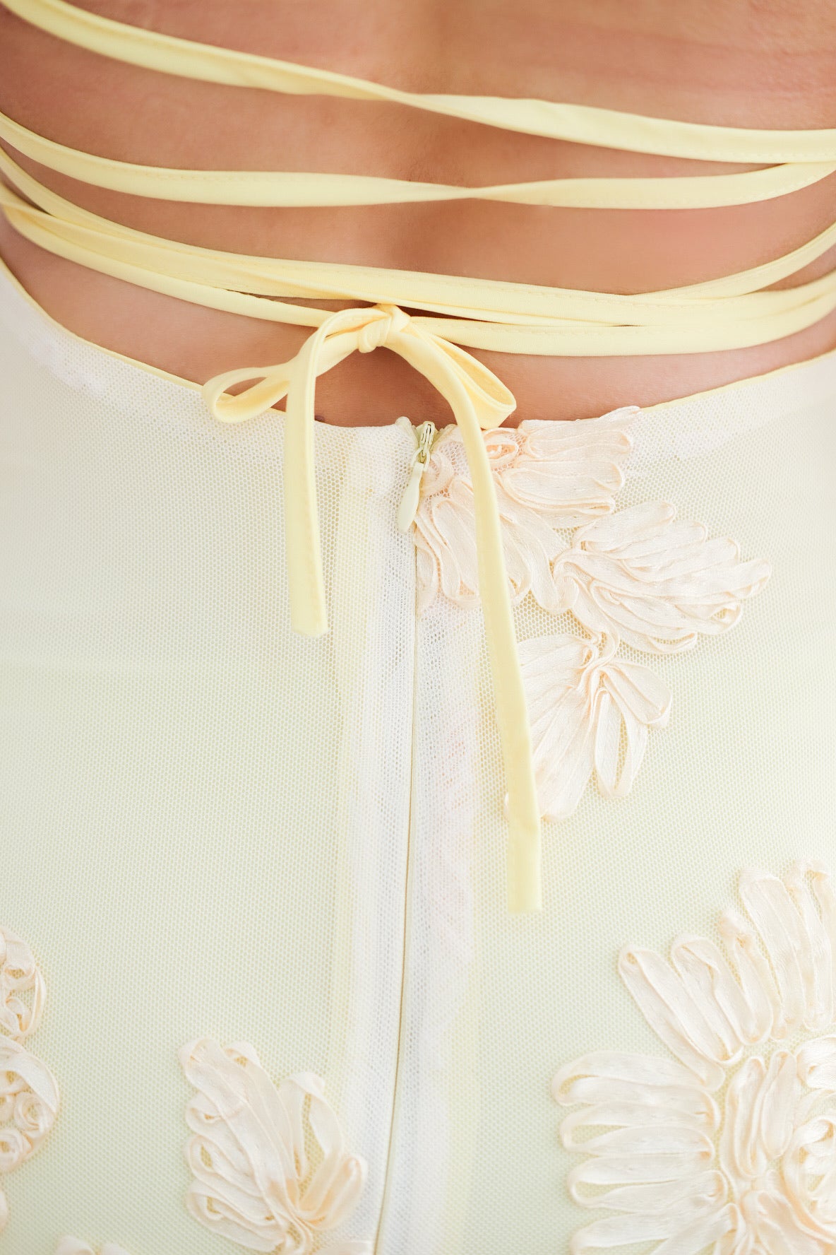 Yellow Floral Embroidered Mesh Maxi Dress