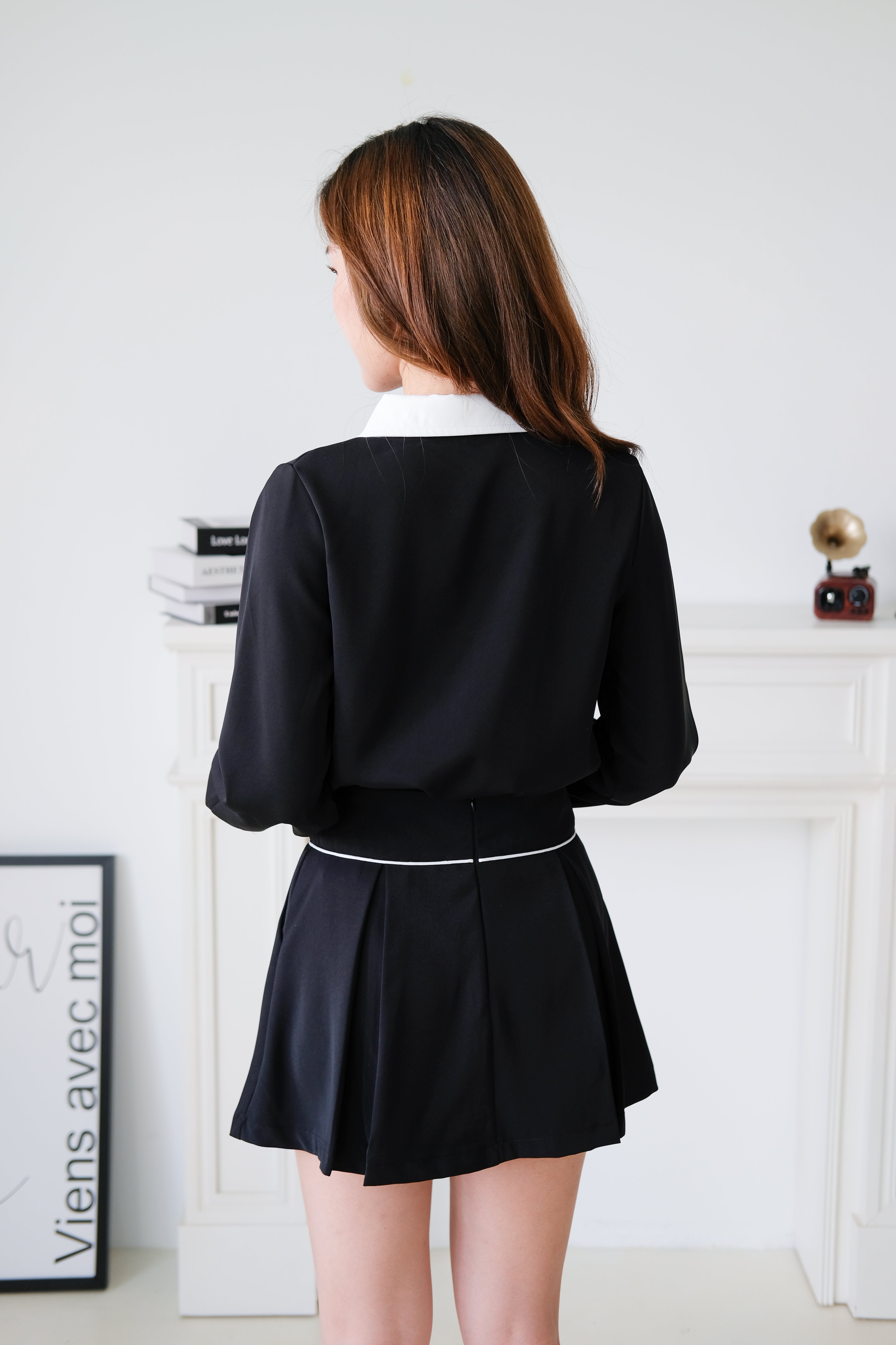 Colette Contrast Collared Casual Set (Black)