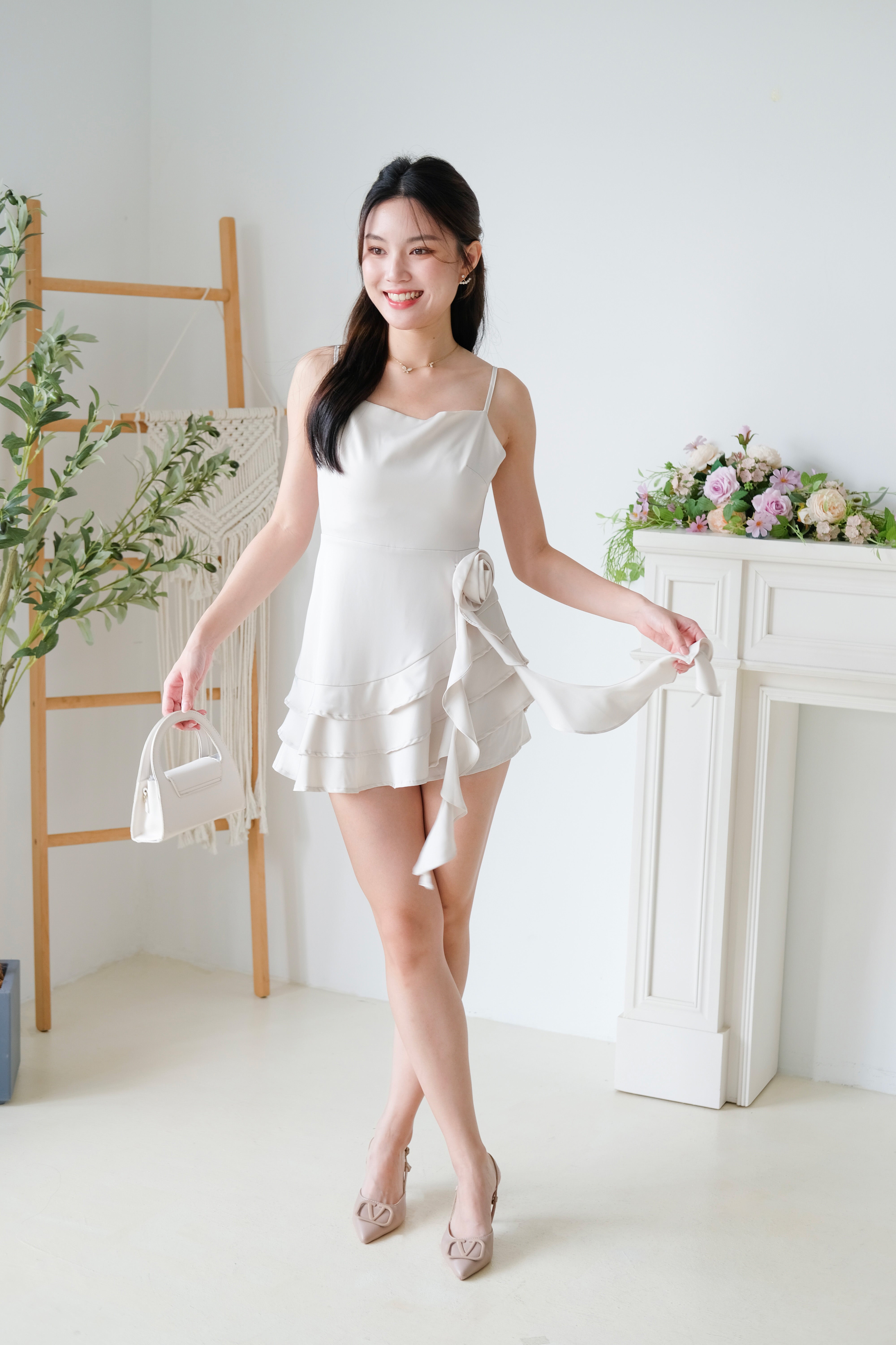 Dewy Satin Ruffle Dress (Champagne)