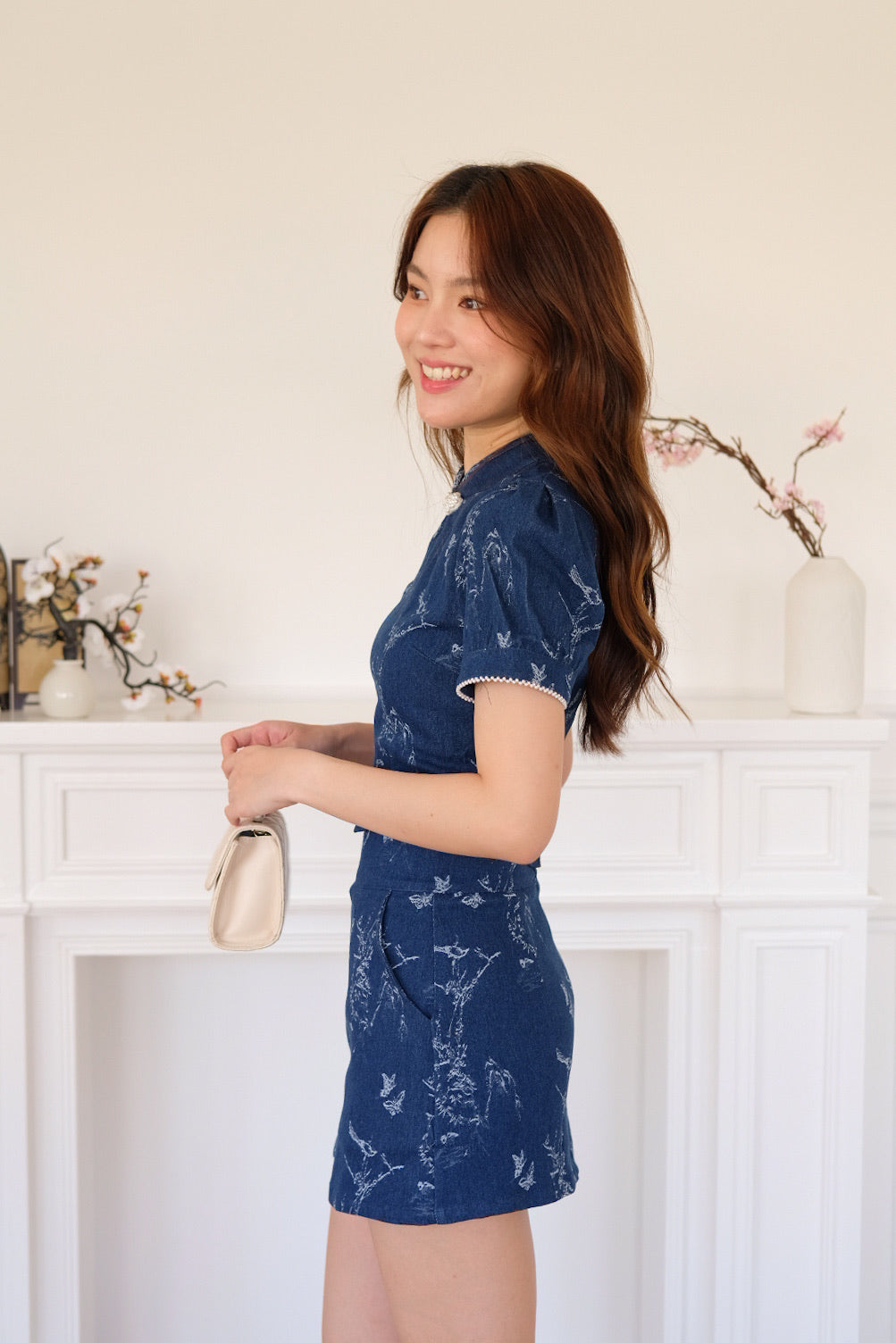 Jun Ru Floral Pearl Denim Cheongsam Set (Dark Blue)