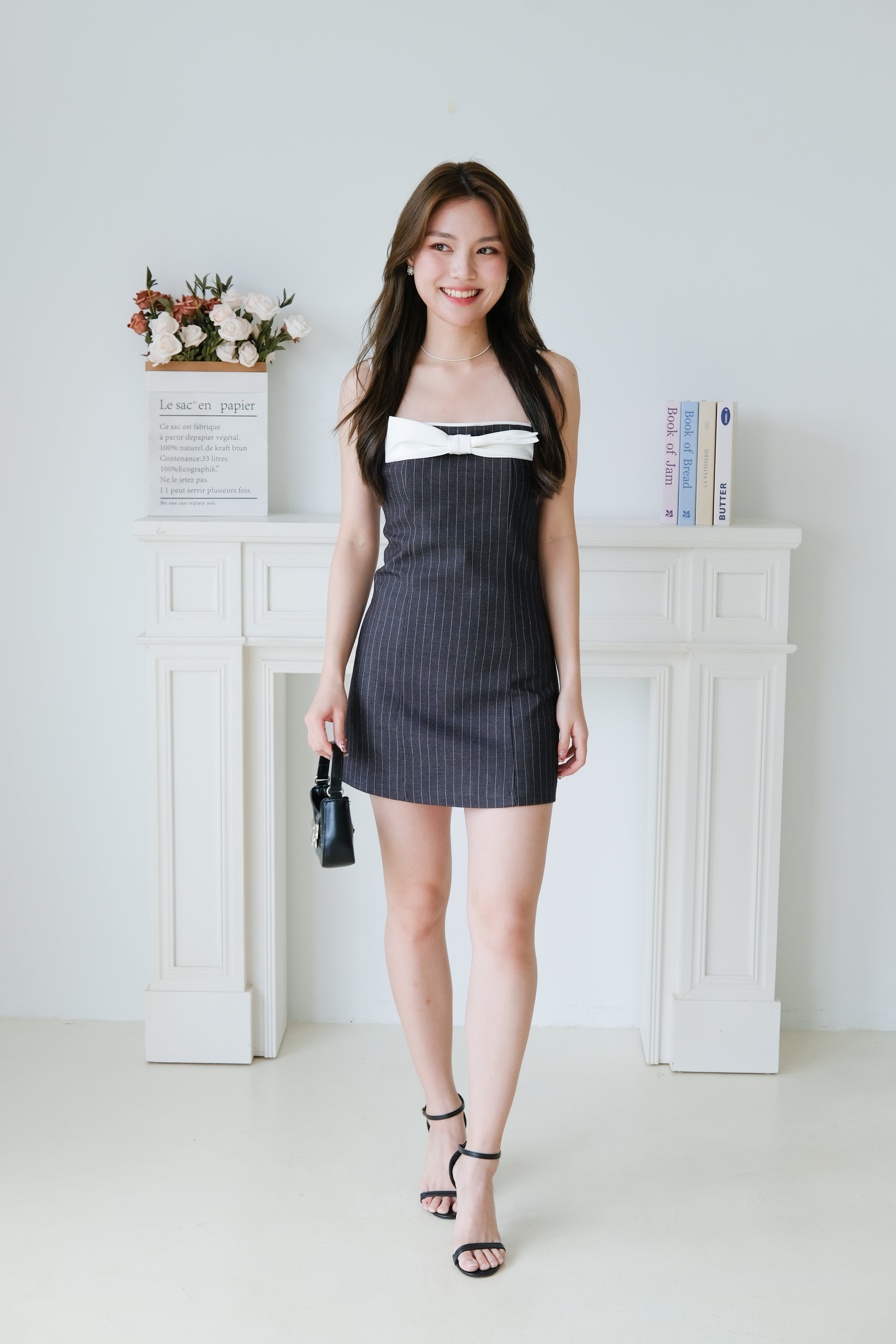Paula Bow Stripes Dress (Dark Grey)