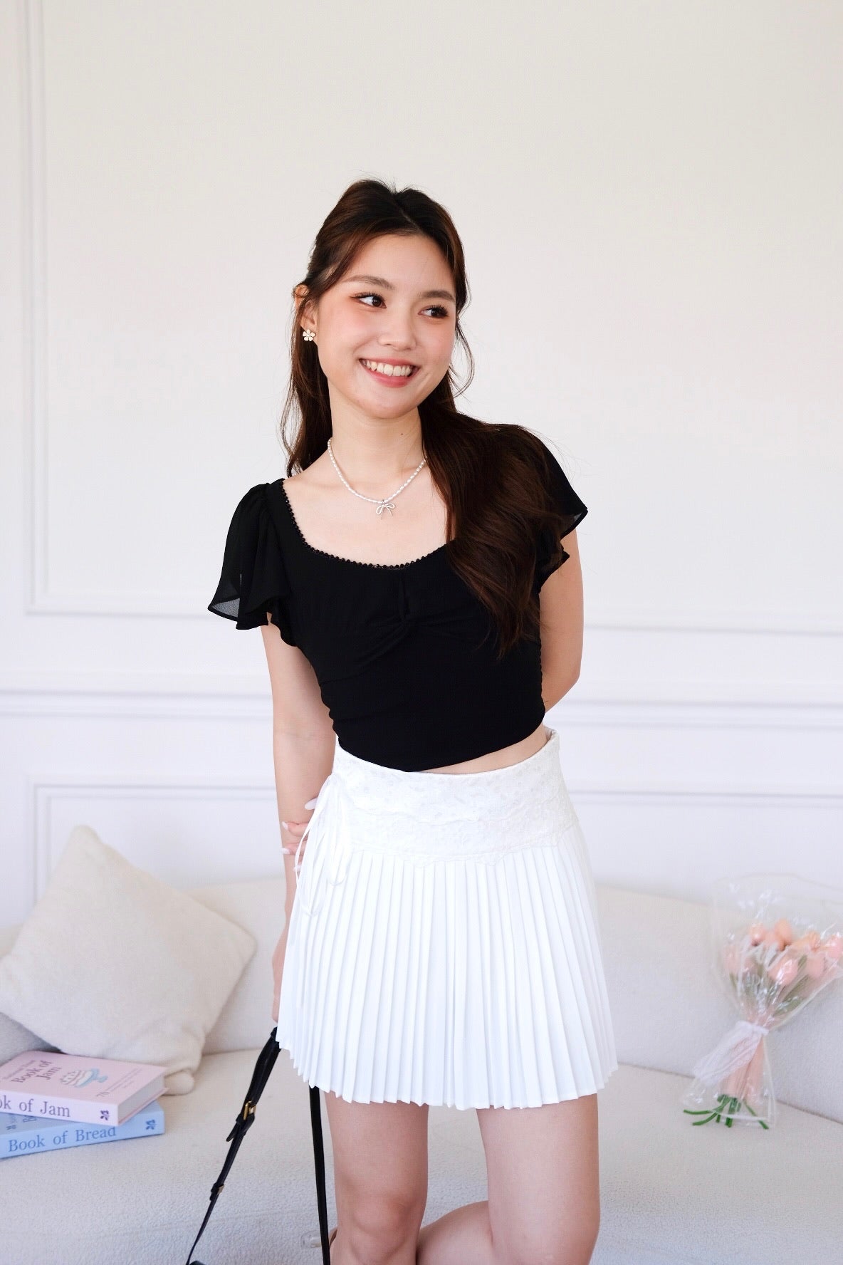 Lisette Flutter Crop Top (Black)