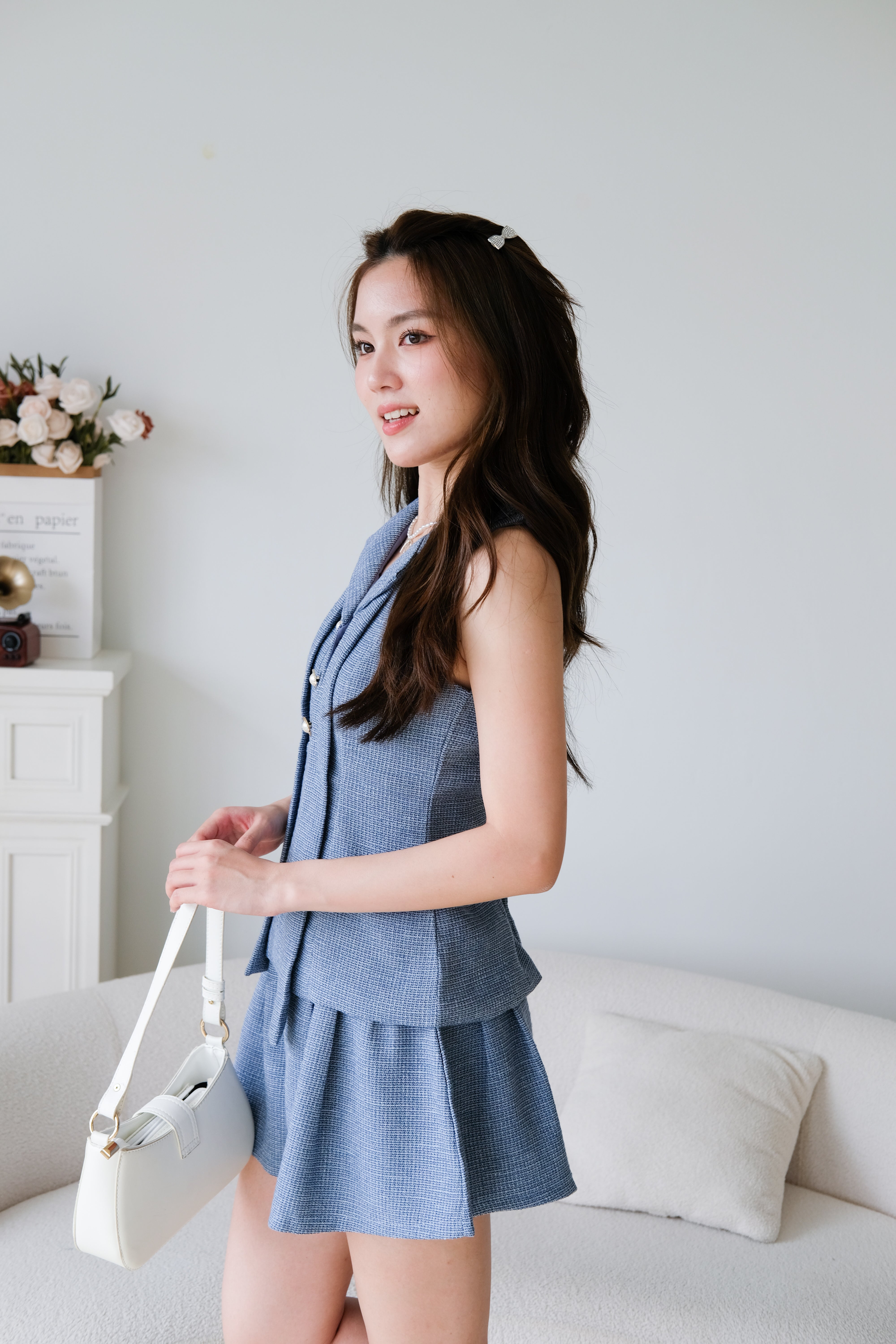 Gwen Collared Tweed Set (Sea Blue)