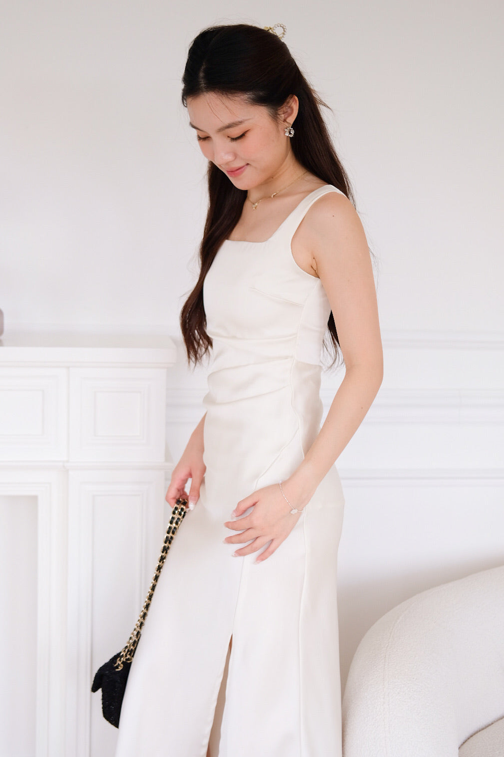 Serena Ruched Mermaid Satin Maxi Dress (Cream)