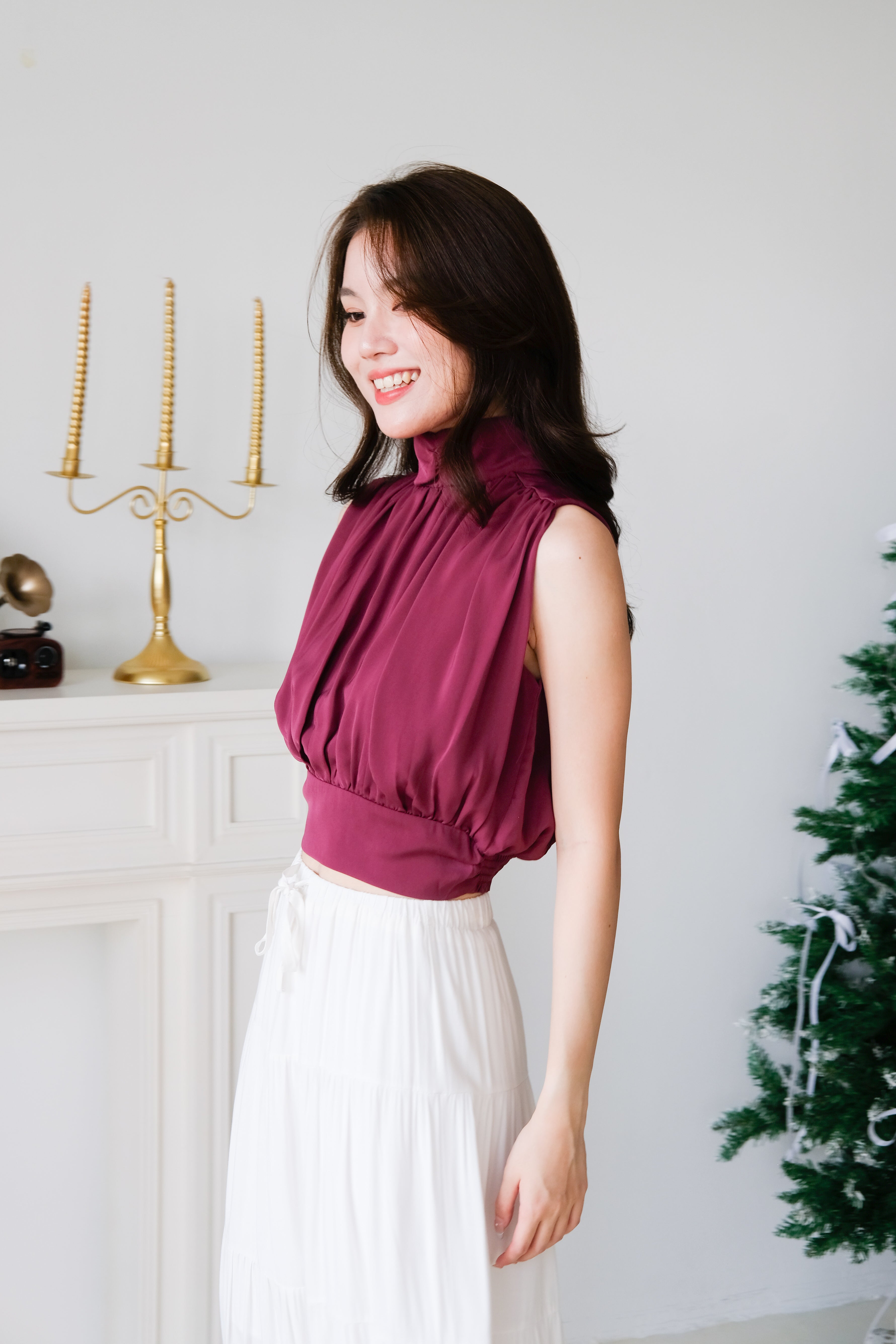 Gabine High Neck Ruched Top (Wine)