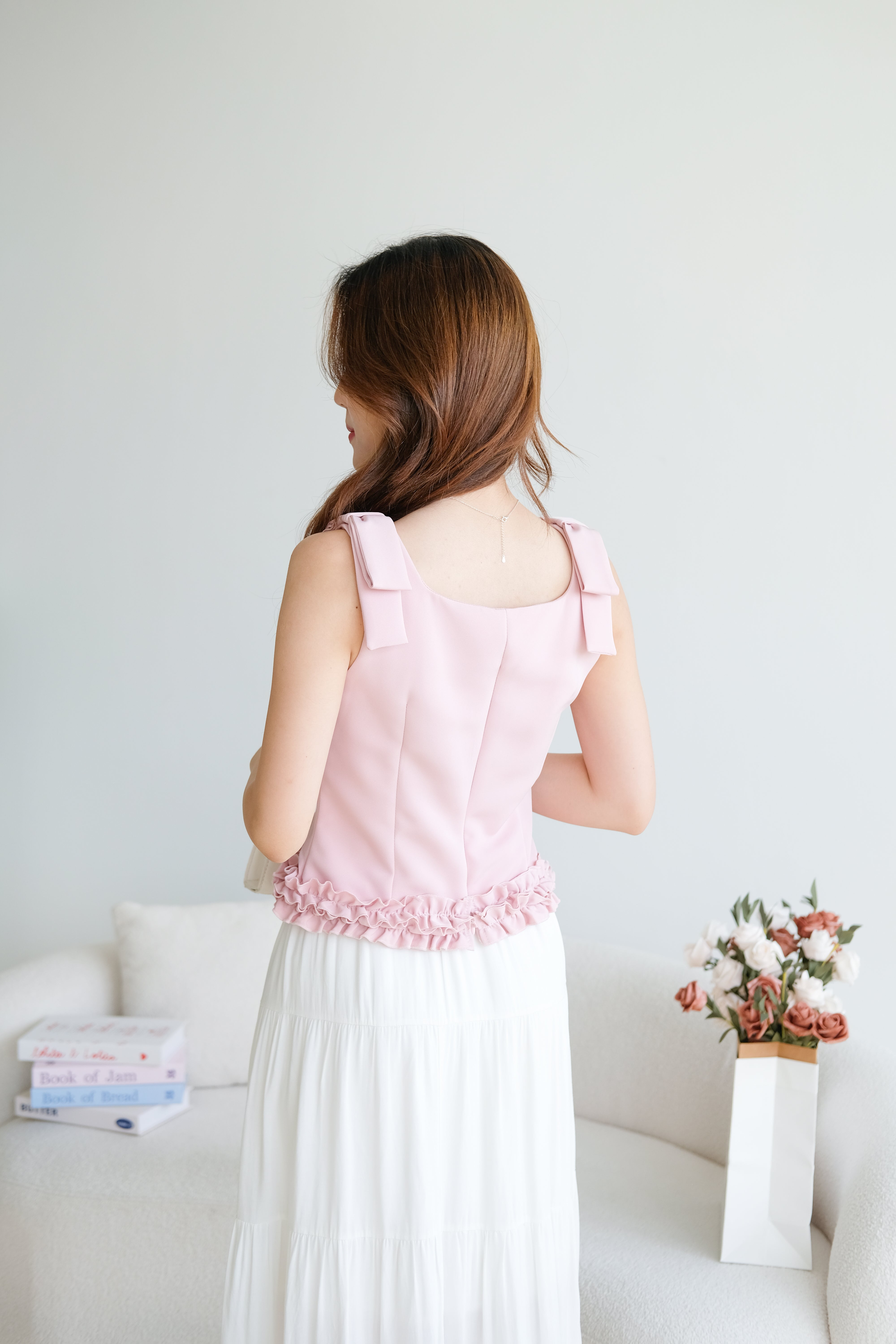Cecilia Bow Straps Ruffle Top (Dusty Pink)