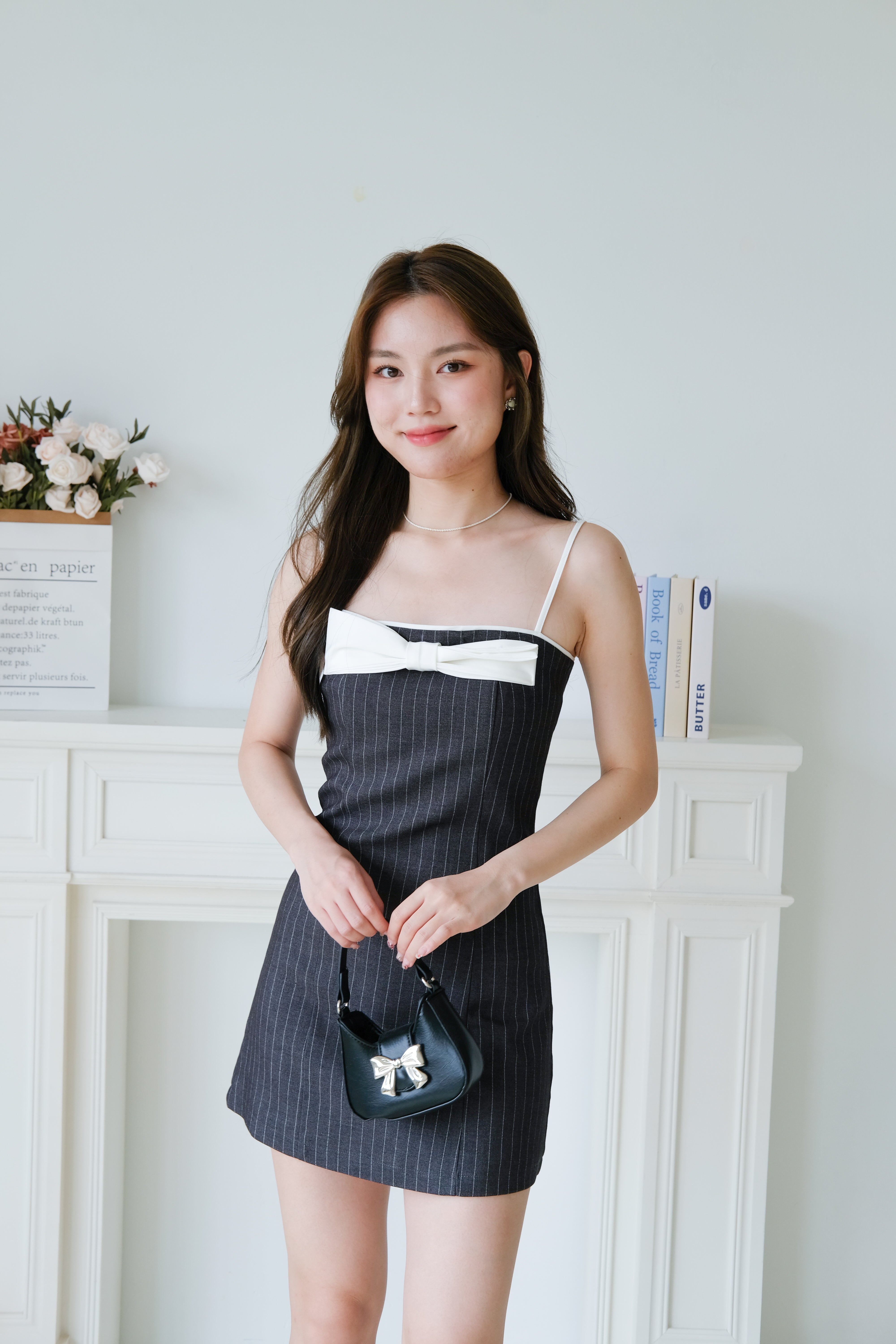 Paula Bow Stripes Dress (Dark Grey)