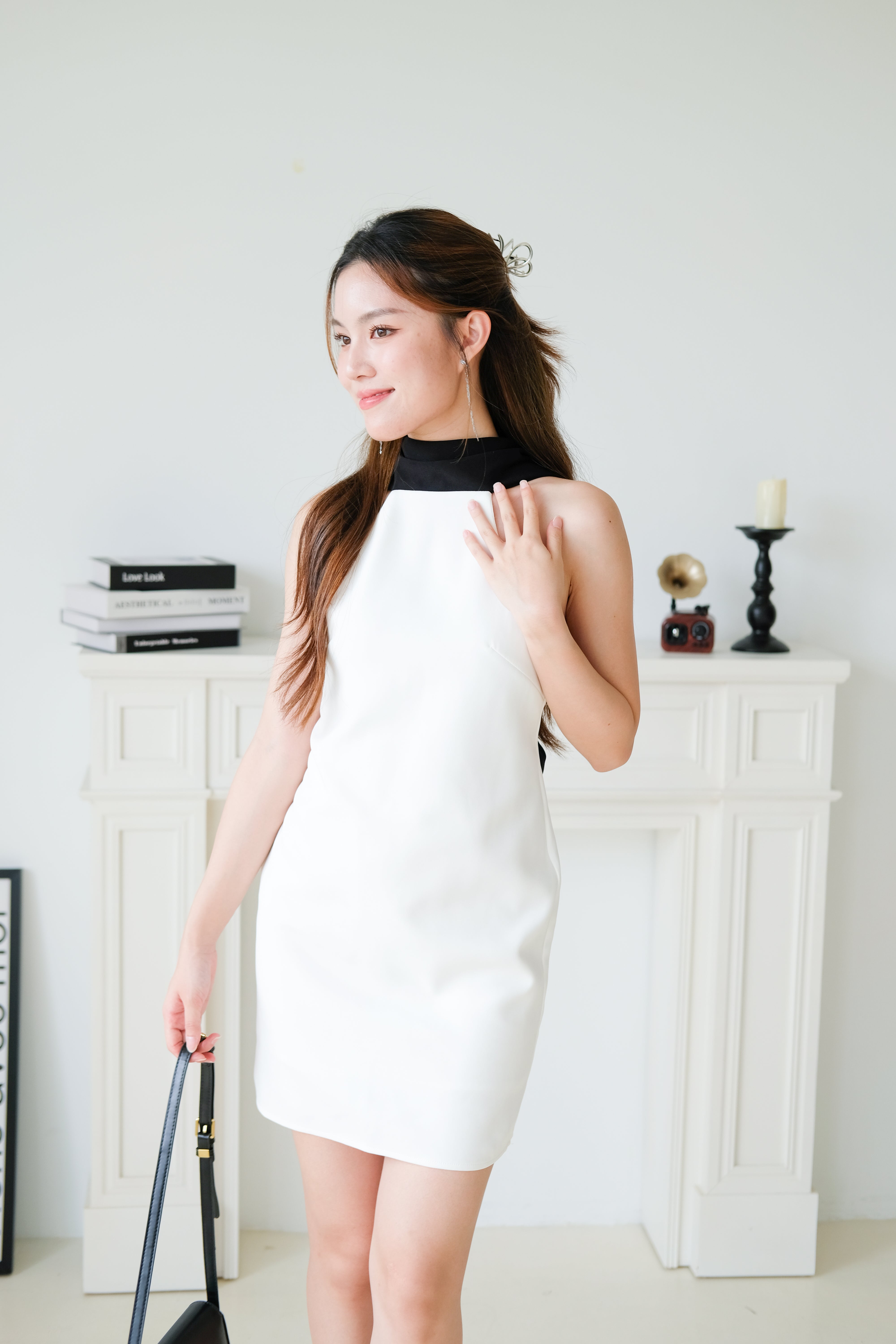 Axelle Contrast Bareback Halter Dress (White)