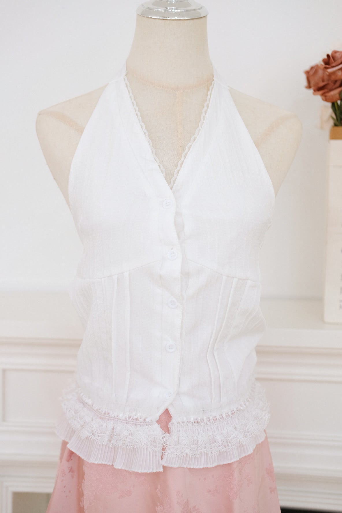 White Halter Ribbon Lace Top