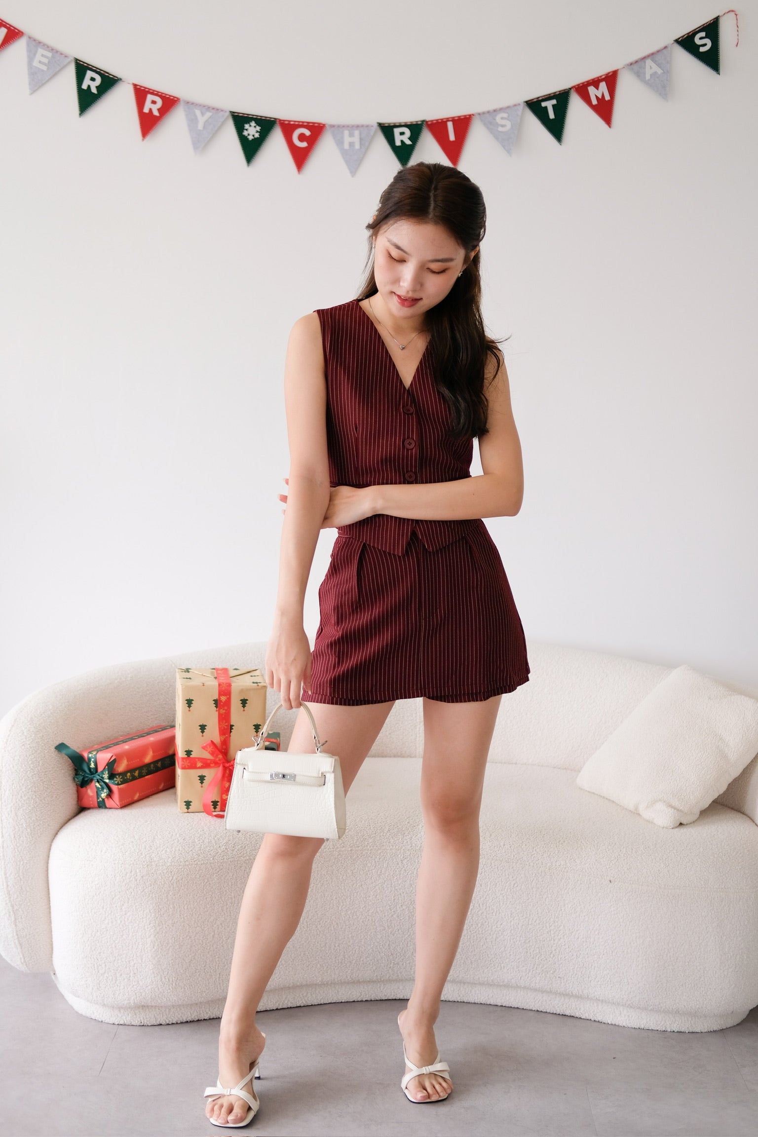 Monroe Pinstripe Vest Set (Maroon)