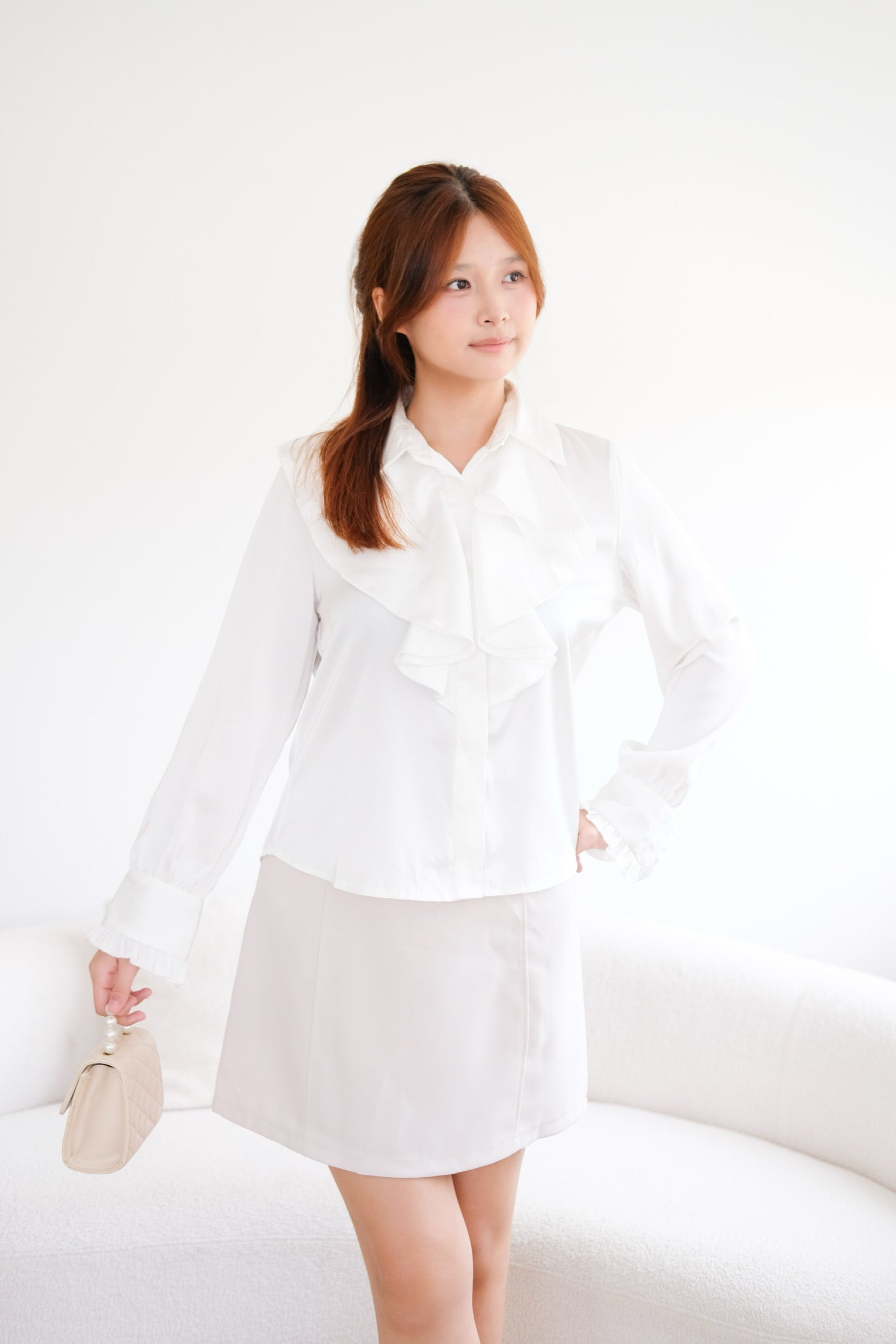 Satin Ruffle Buttons Collared Top (White)