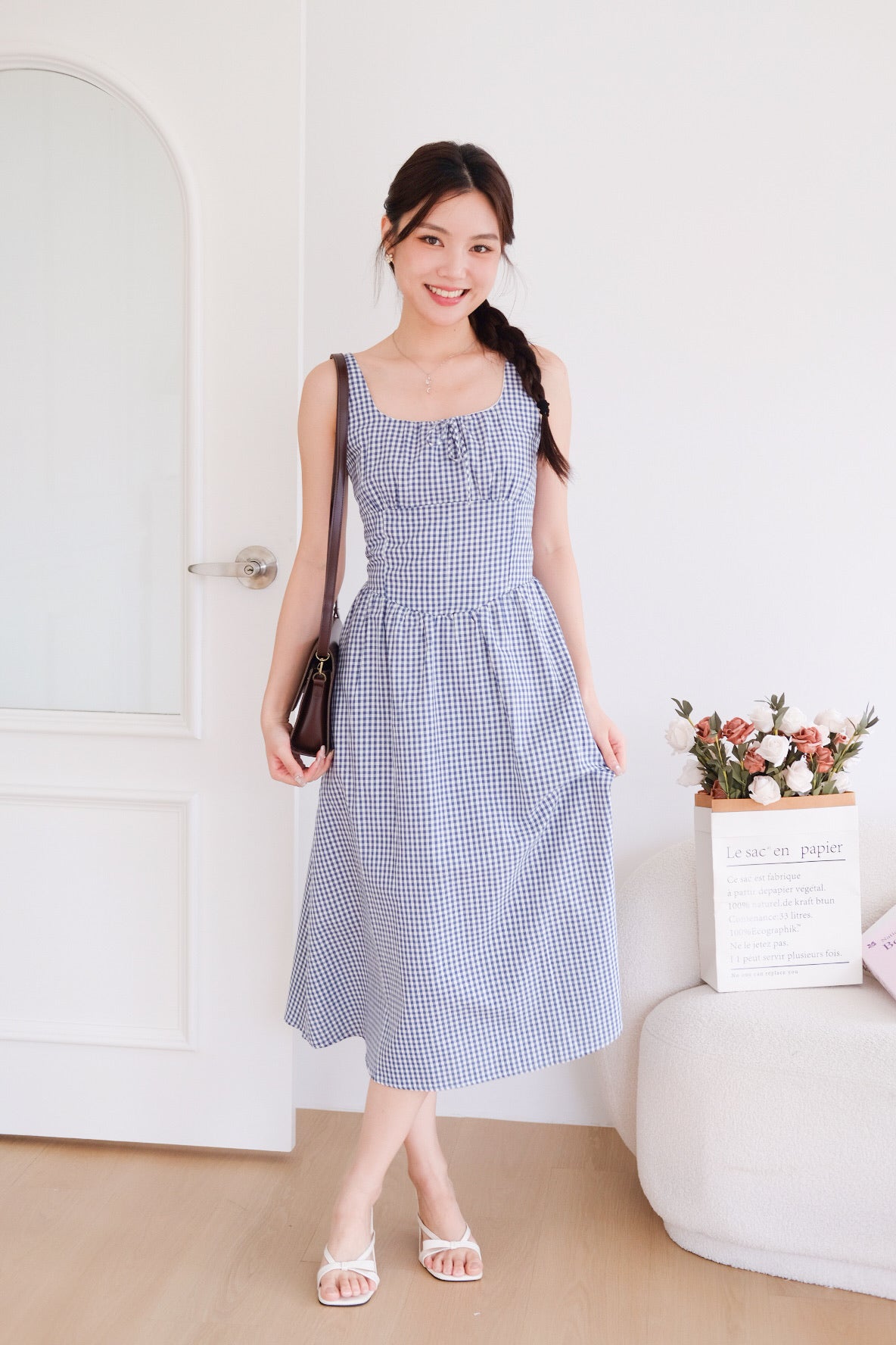 Carmie Thick Waist Midi Dress (Blue Plaid)