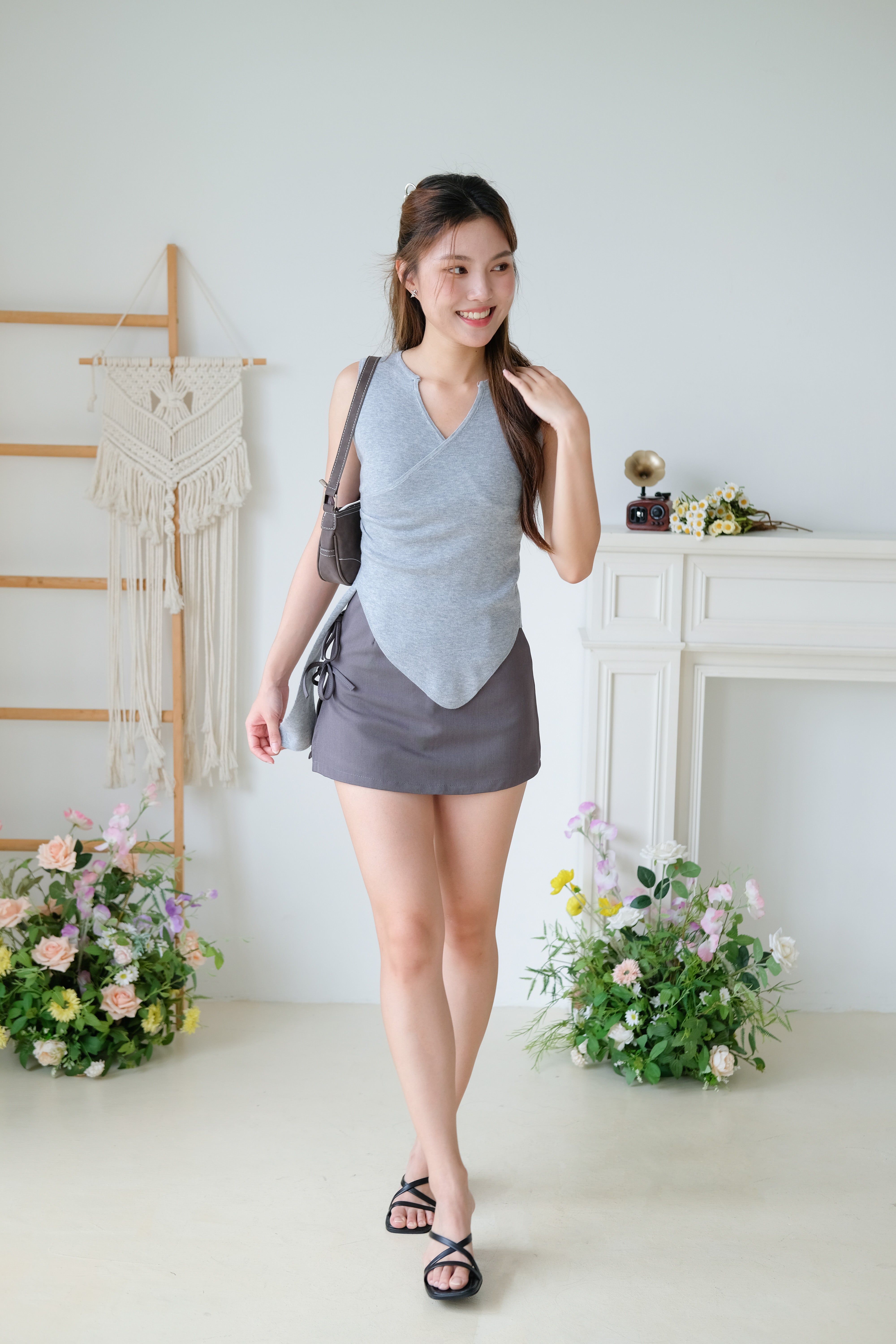 Yukee Wrapped Asymmetrical Knit Top (Grey)