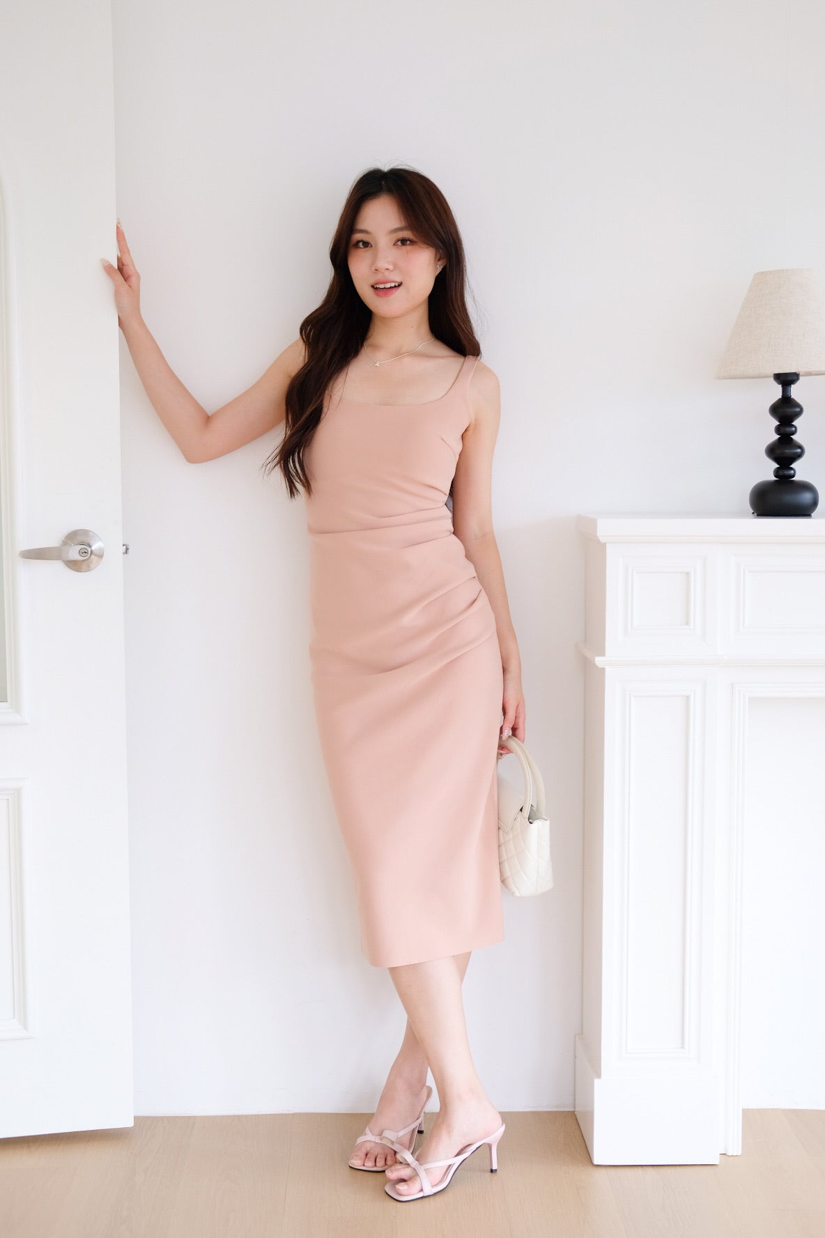 Claude Ruched Slim Fit Midi Dress (Nude Pink)