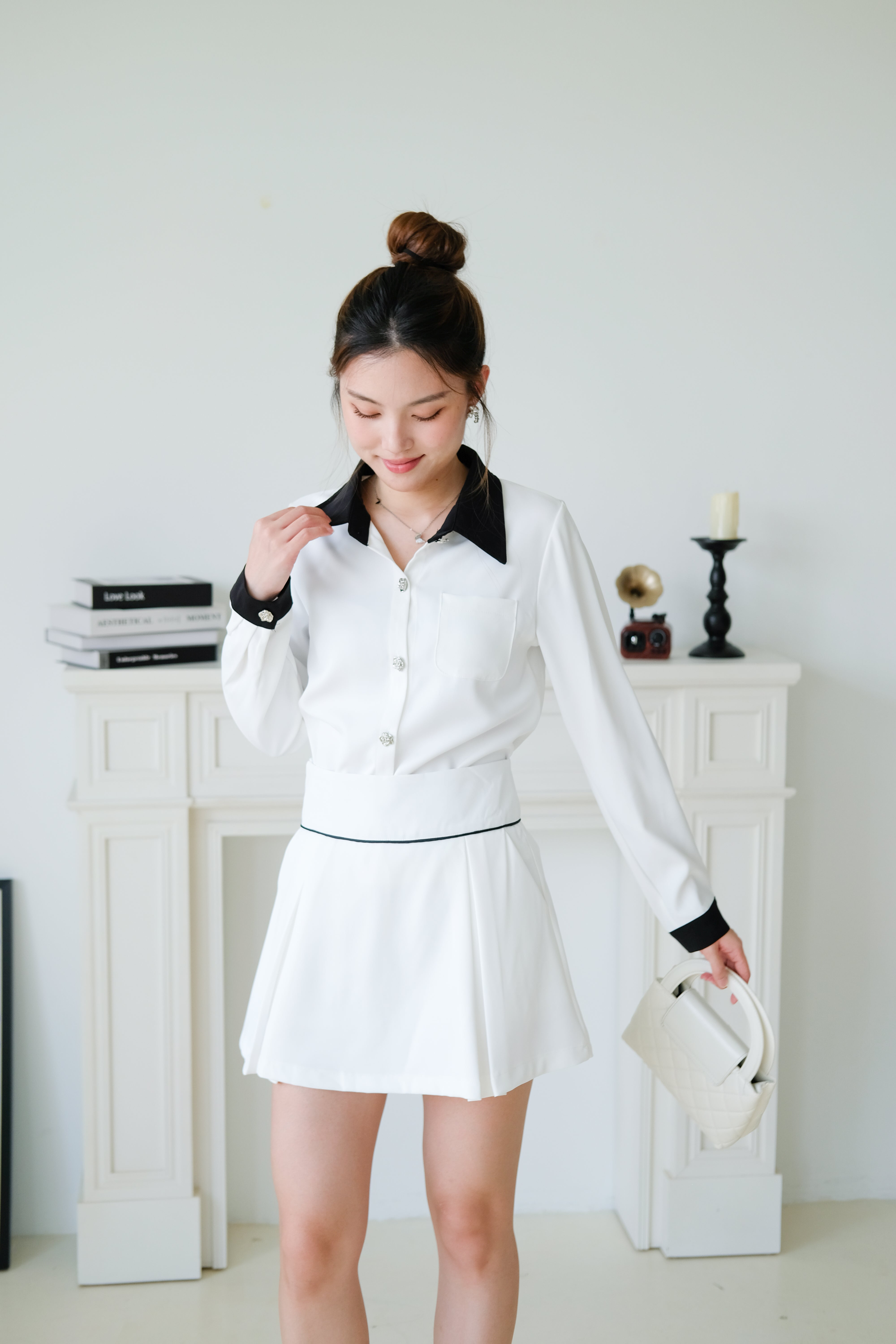 Colette Contrast Collared Casual Set (White)
