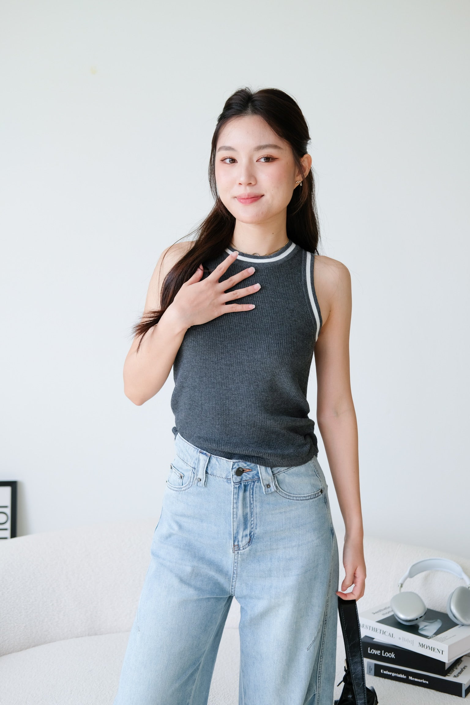Kyara Contrast Knit Tank Top (Grey)