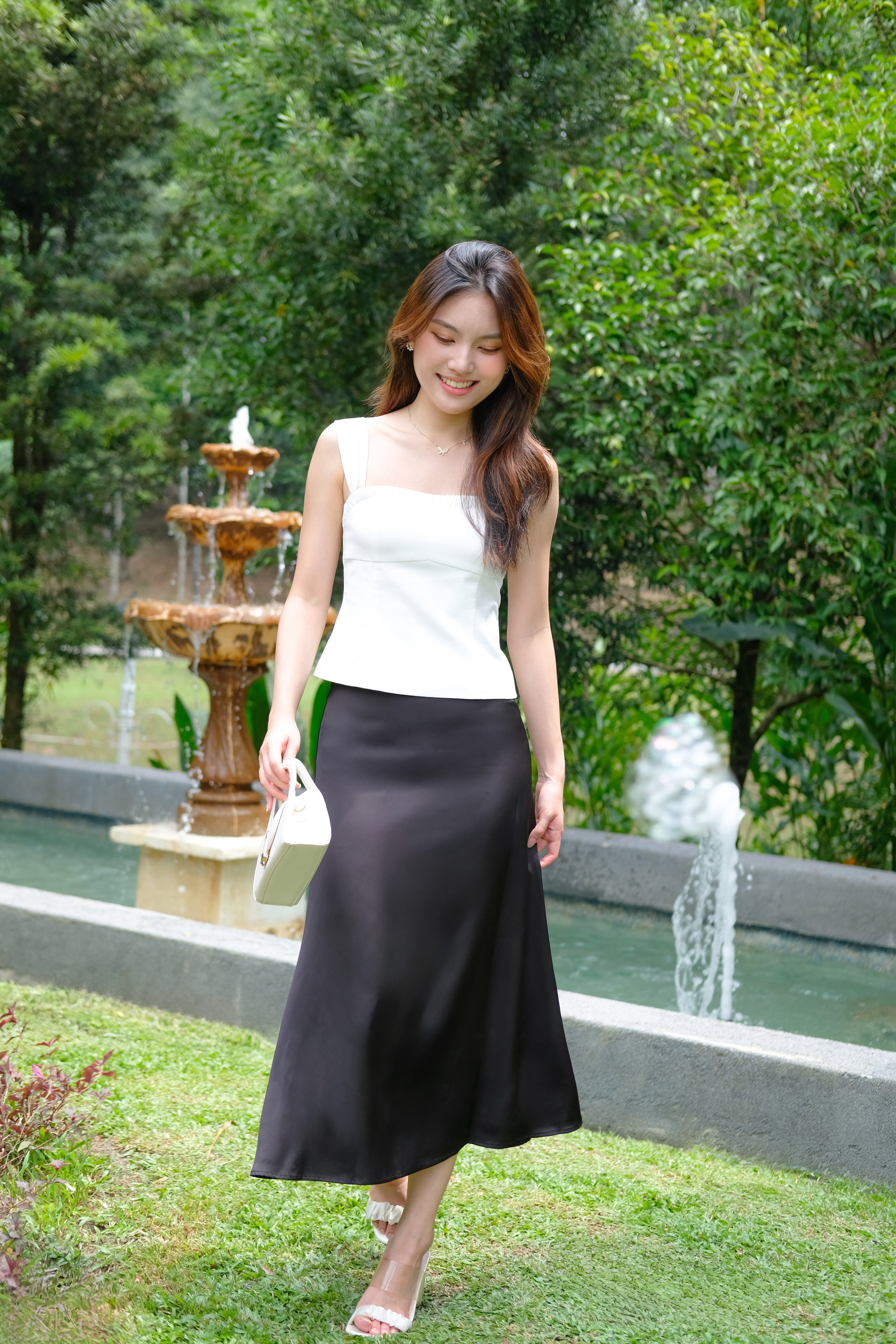 Luna Satin Midi Skirt (Black)