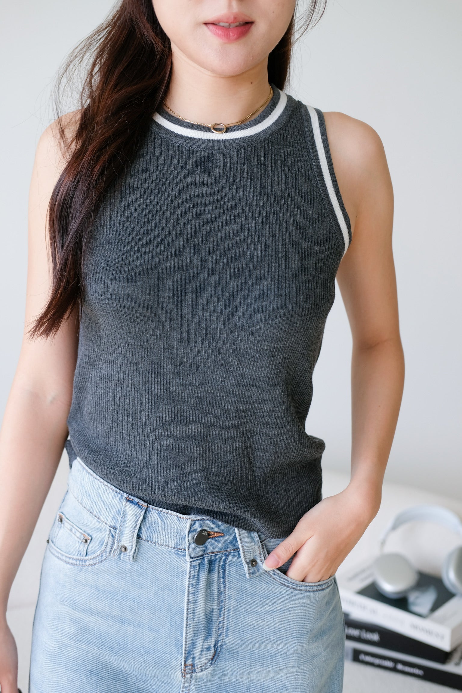 Kyara Contrast Knit Tank Top (Grey)