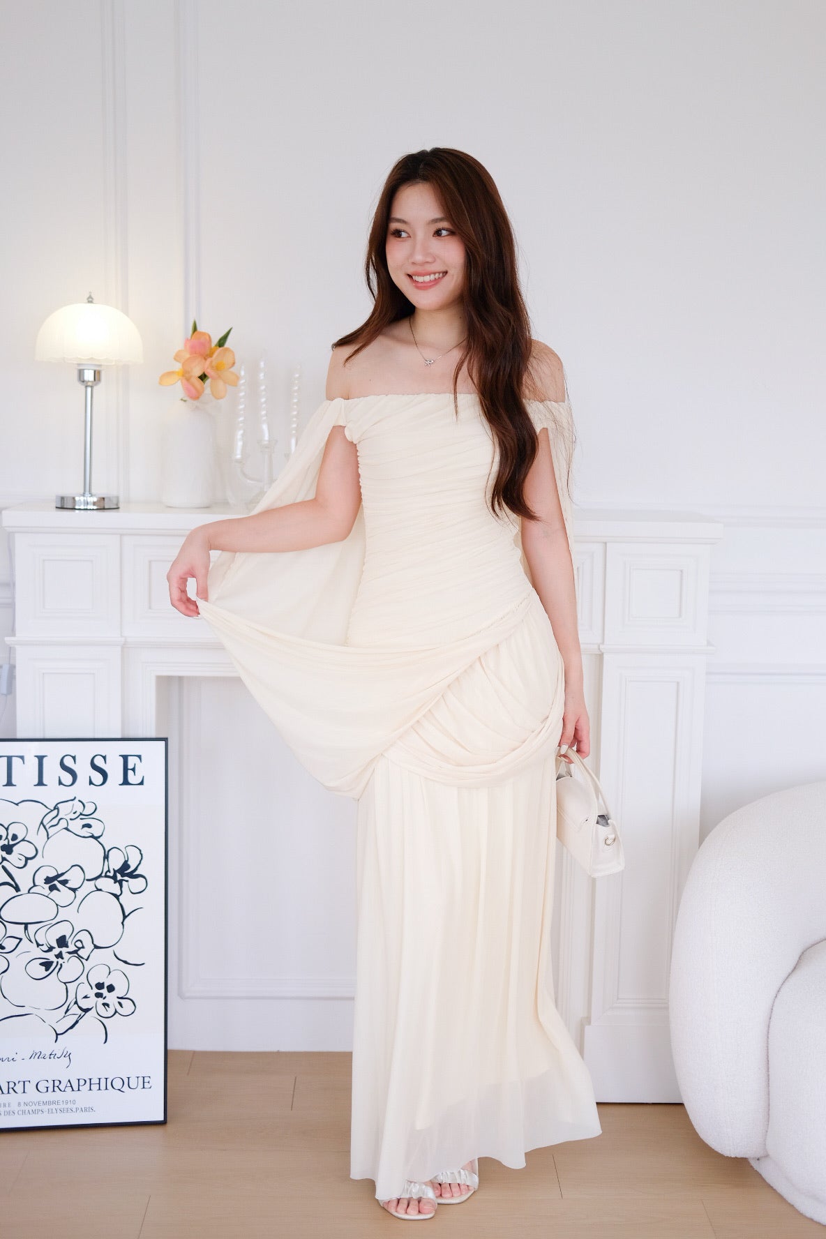 Jasmine Ruched Mesh Off Shoulder Maxi Dress (Pale Yellow)