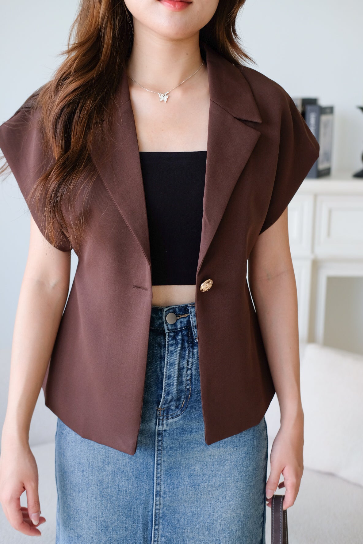 Workday Short Sleeves Blazer (Espresso Brown)