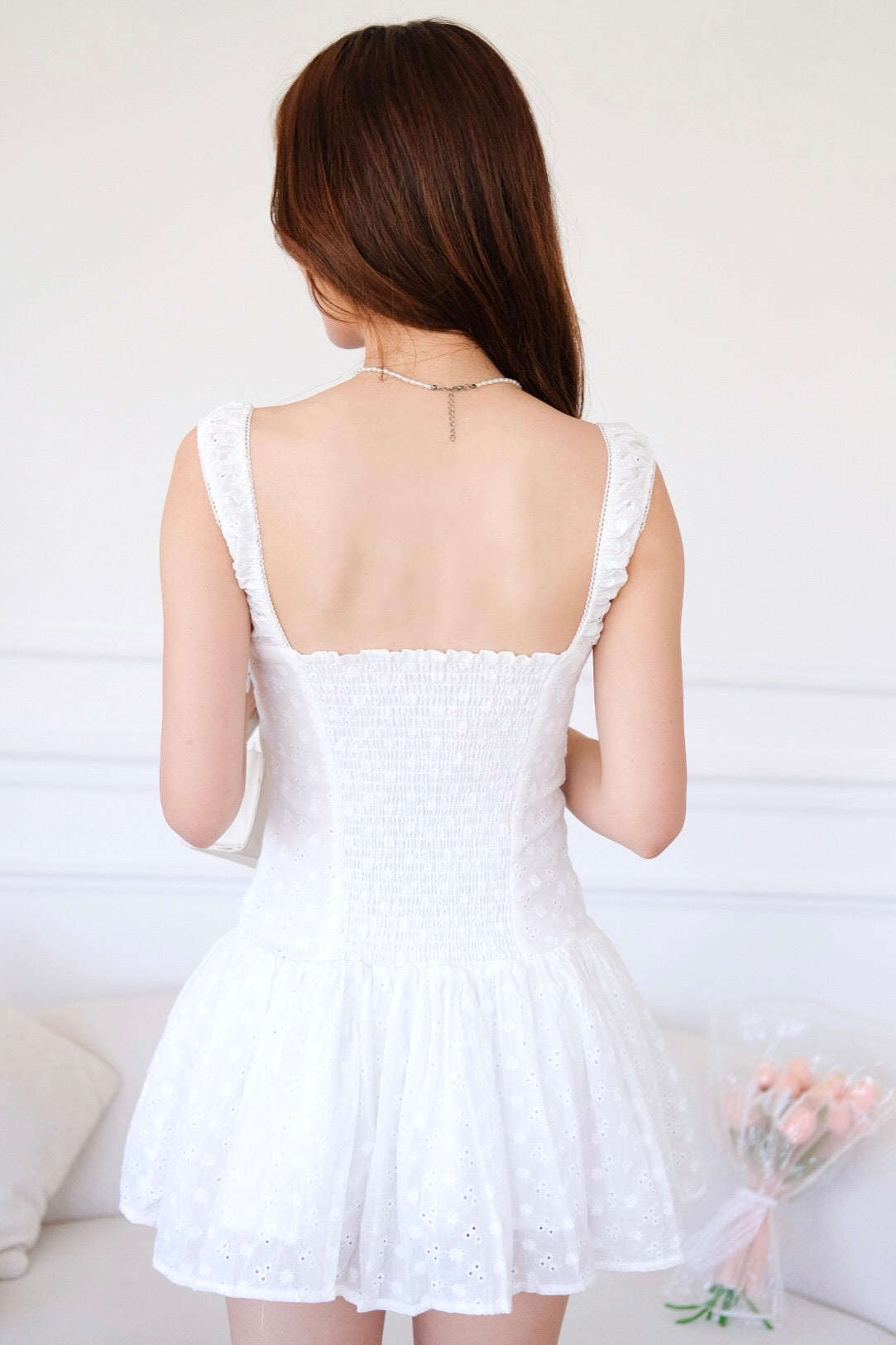 Avana Ruched Eyelet Dress (White)