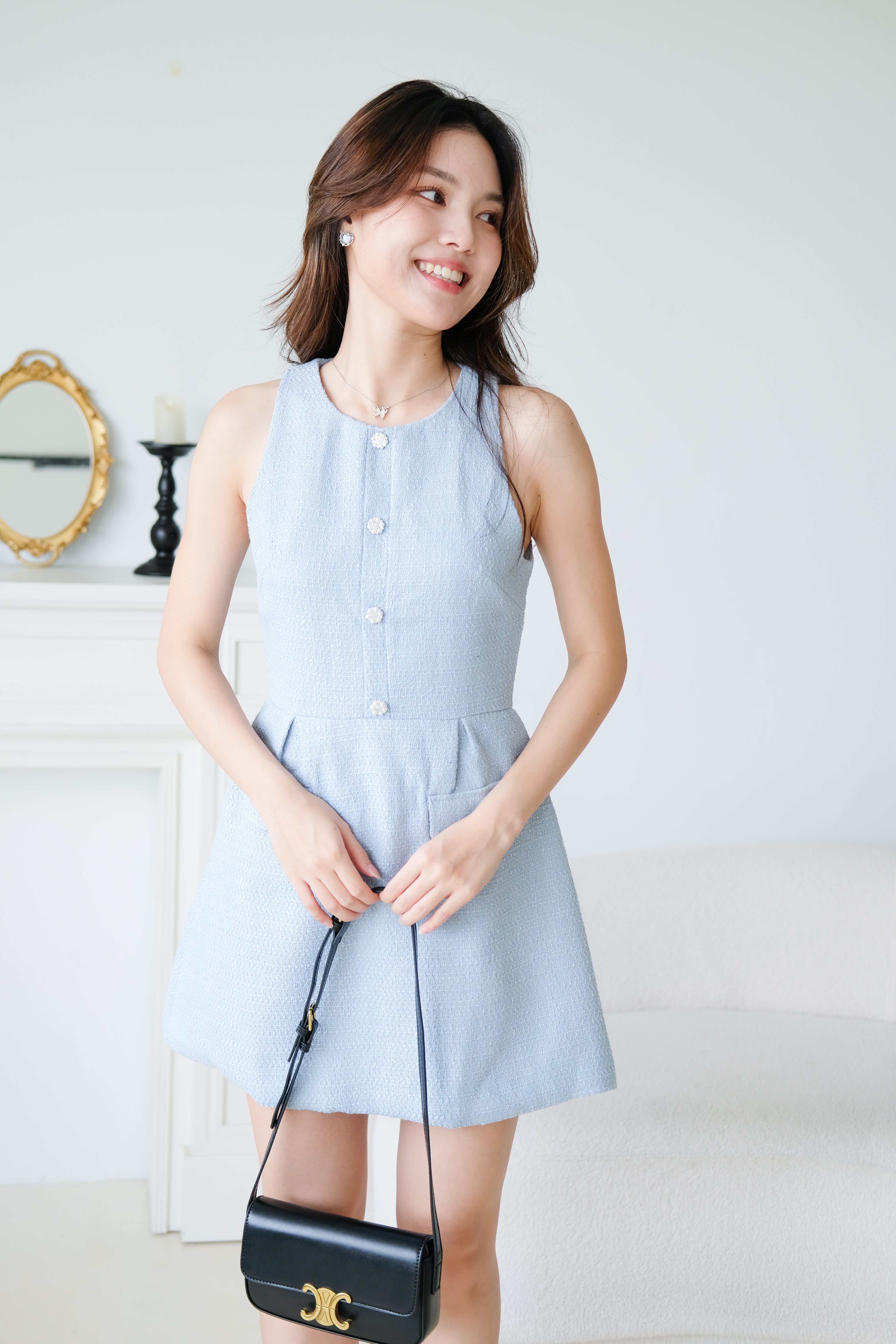 Pearly Tweed Halter Dress (Sea Blue)