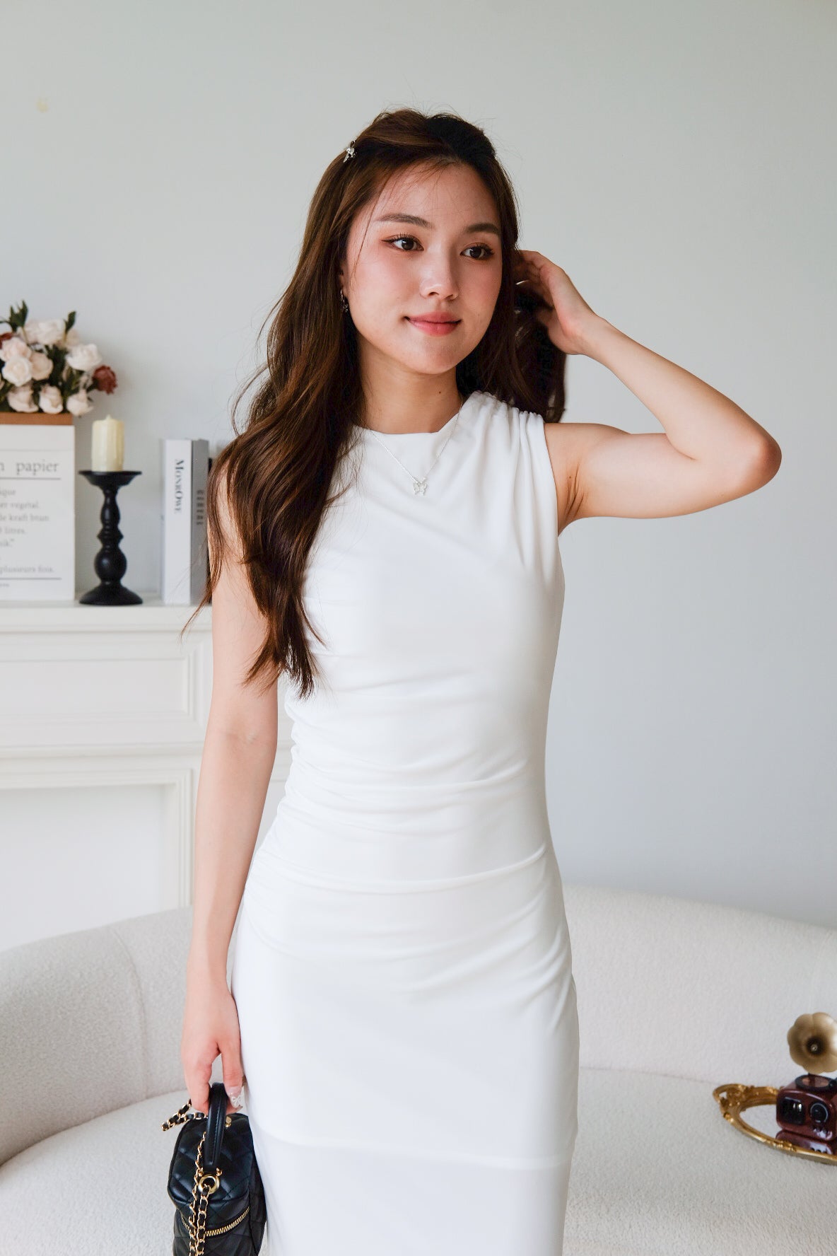Paisley Ruched Jewel Bodycon Dress (White)