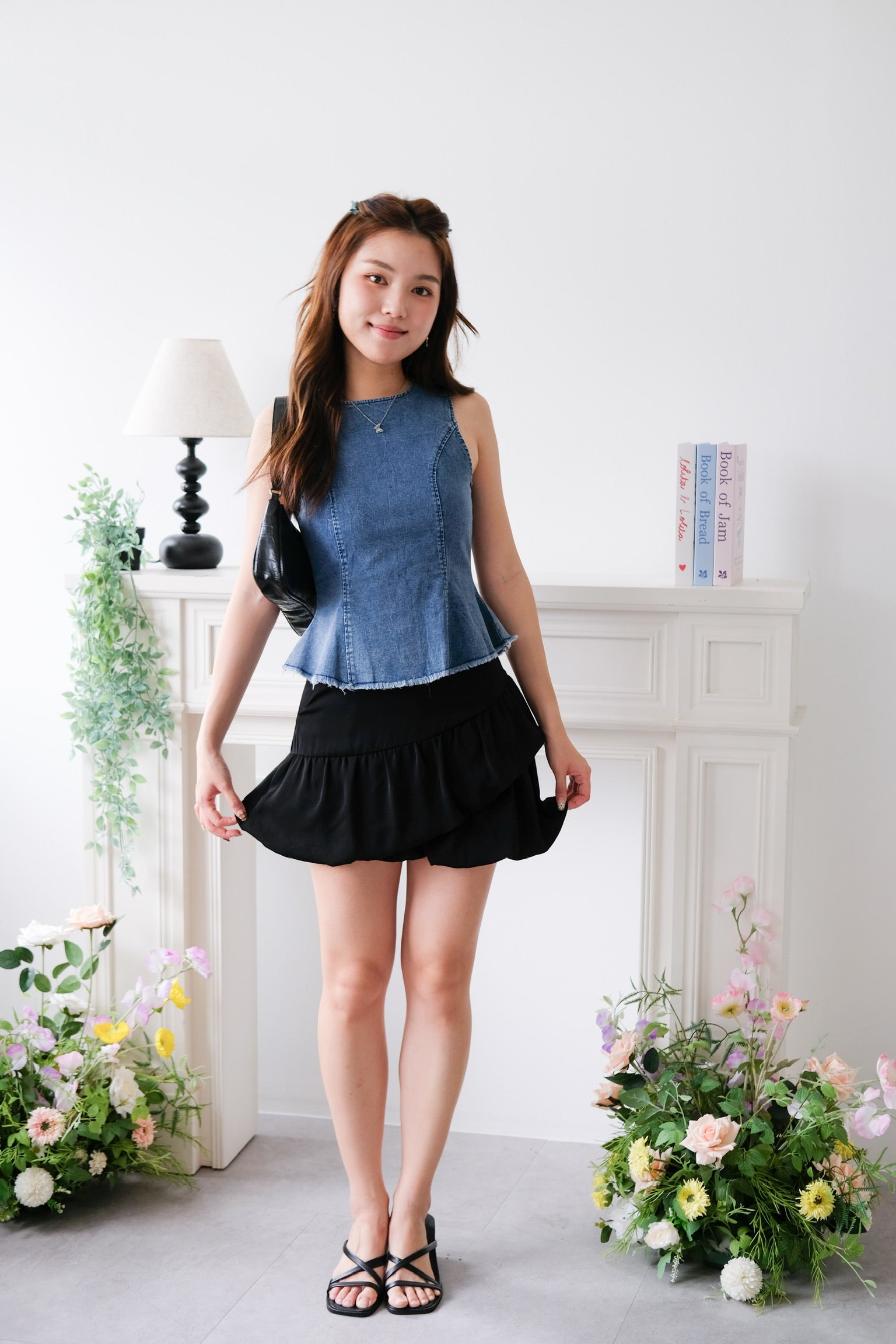 Alda Peplum Denim Top (Medium Blue)