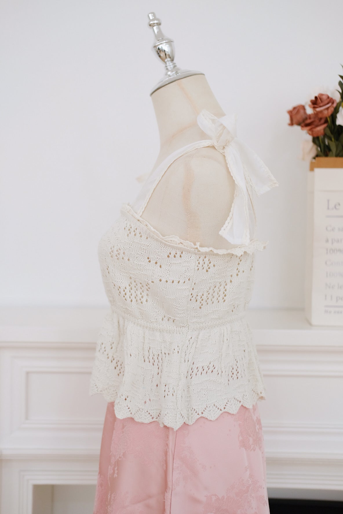Cream Embroidered Flare Ribbon Top